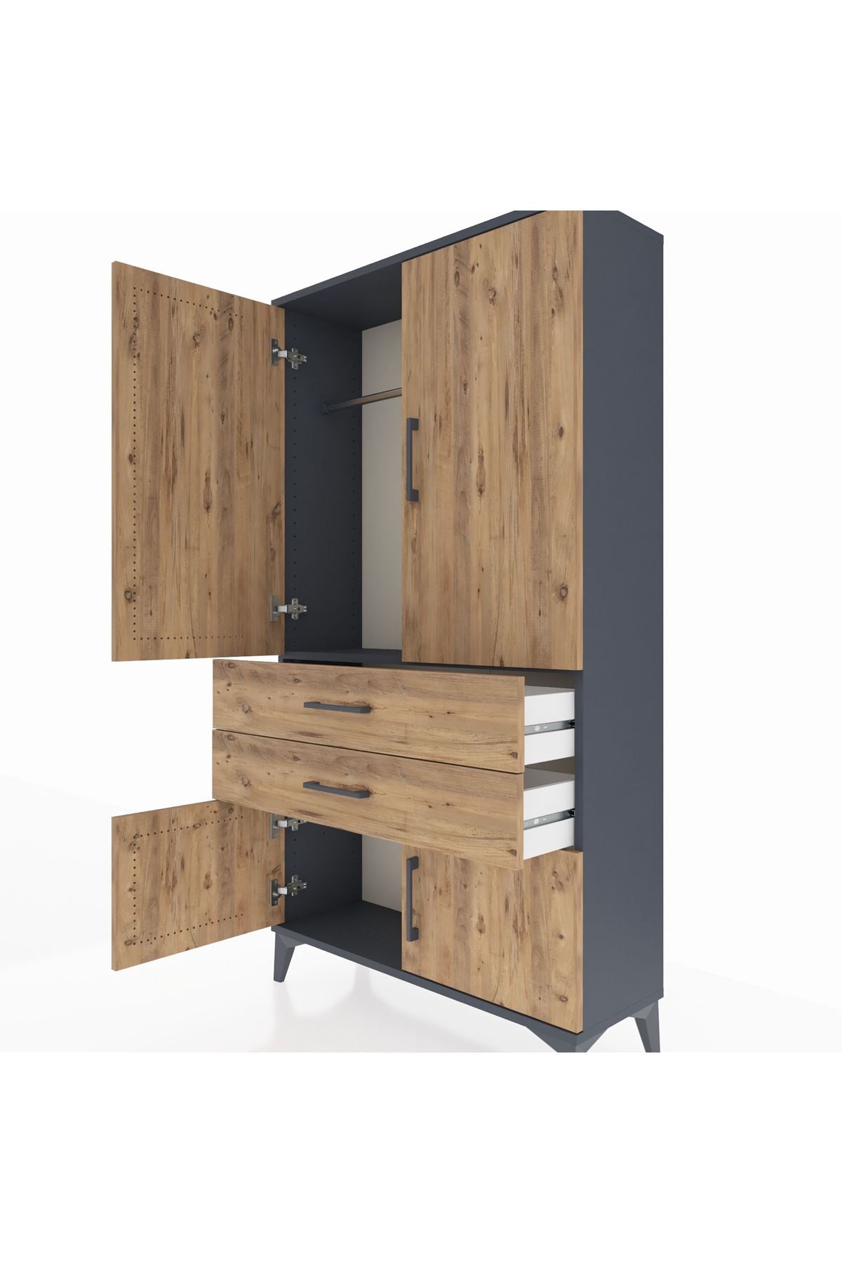 Arges Dolap Tek Raflı 2 Çekmeceli Tek Askılı 88x30x163 Antrasit-Çam