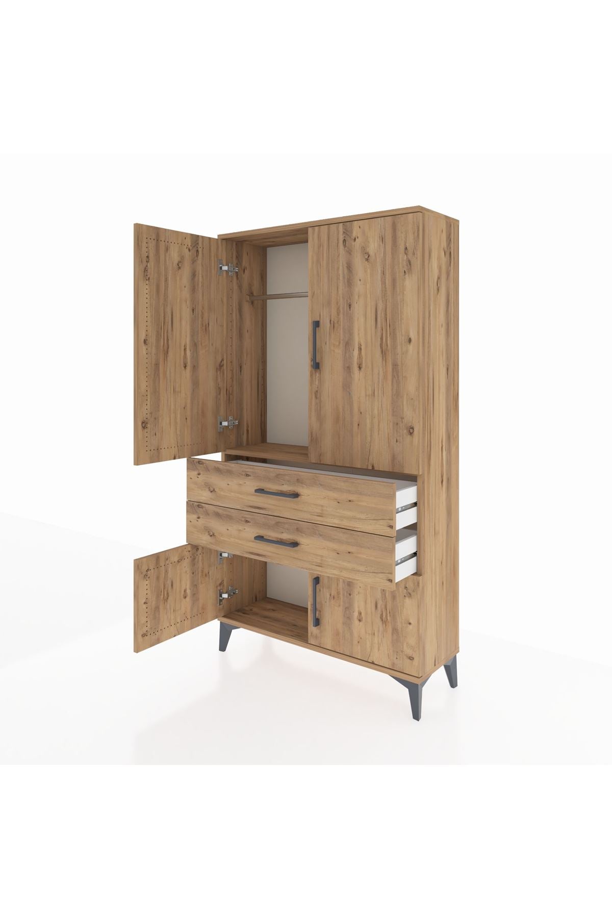 Arges Dolap Tek Raflı 2 Çekmeceli Tek Askılı 88x30x163 Çam-Çam