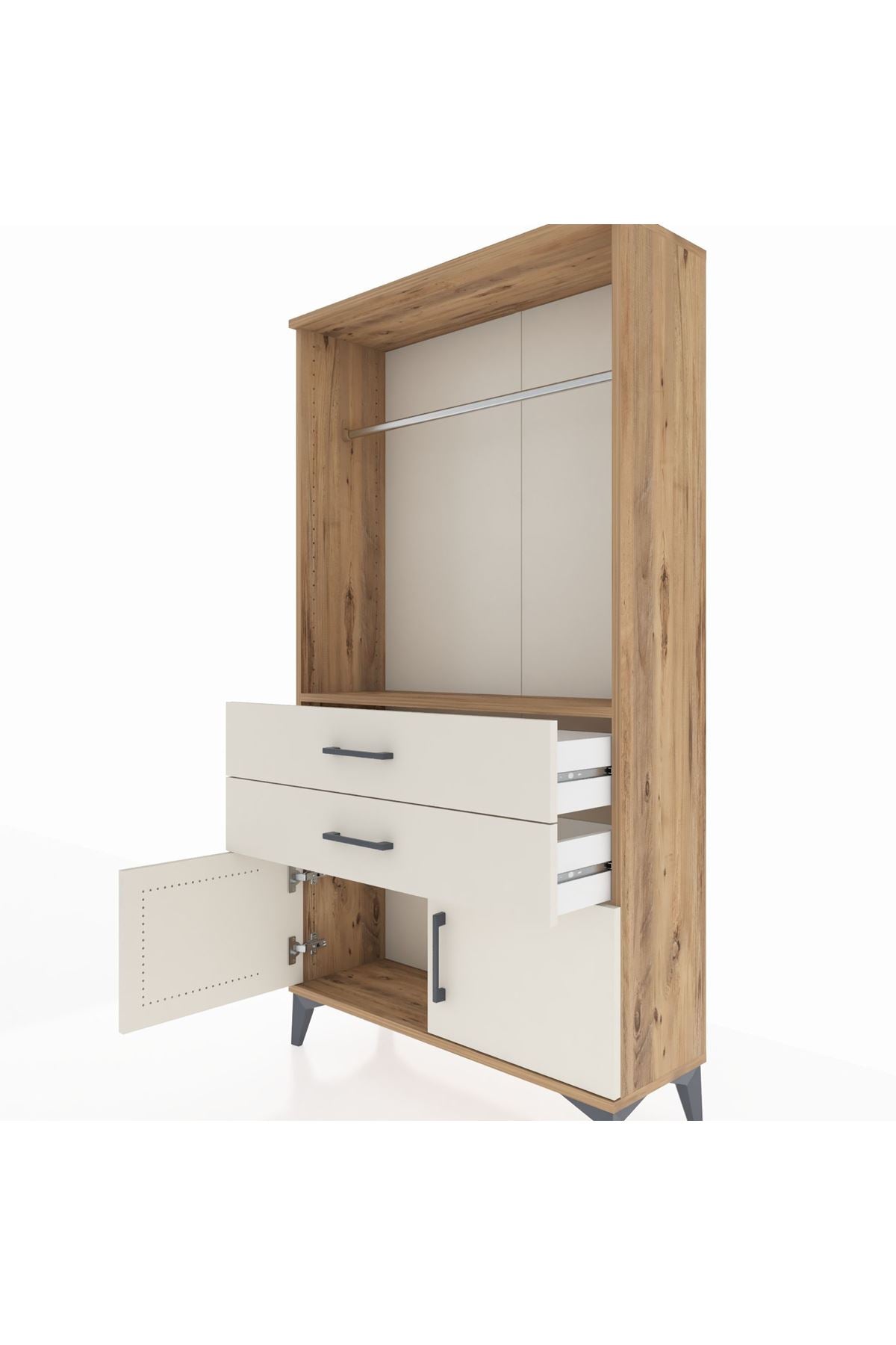 Arges Dolap Tek Raflı 2 Çekmeceli Tek Askılı 88x30x163 Çam-Aytaşı