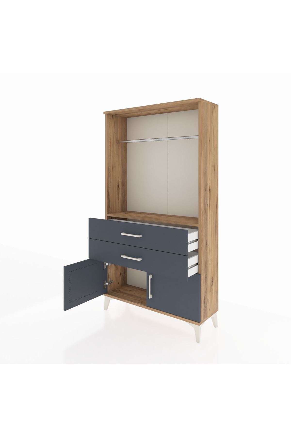 Arges Dolap Tek Raflı 2 Çekmeceli Tek Askılı 88x30x163 Çam-Antrasit