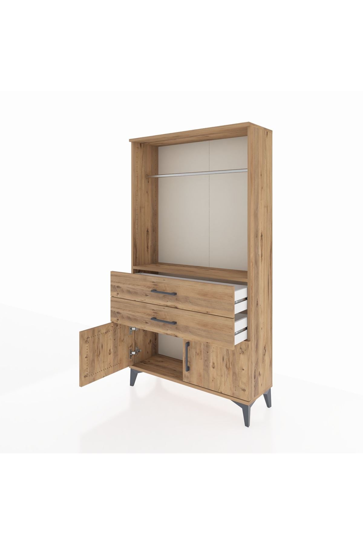 Arges Dolap Tek Raflı 2 Çekmeceli Tek Askılı 88x30x163 Çam-Çam