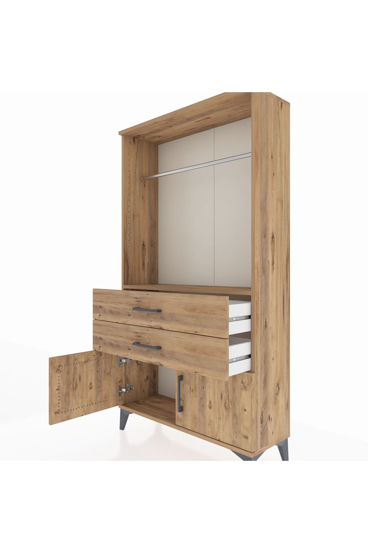 Arges Dolap Tek Raflı 2 Çekmeceli Tek Askılı 88x30x163 Çam-Çam