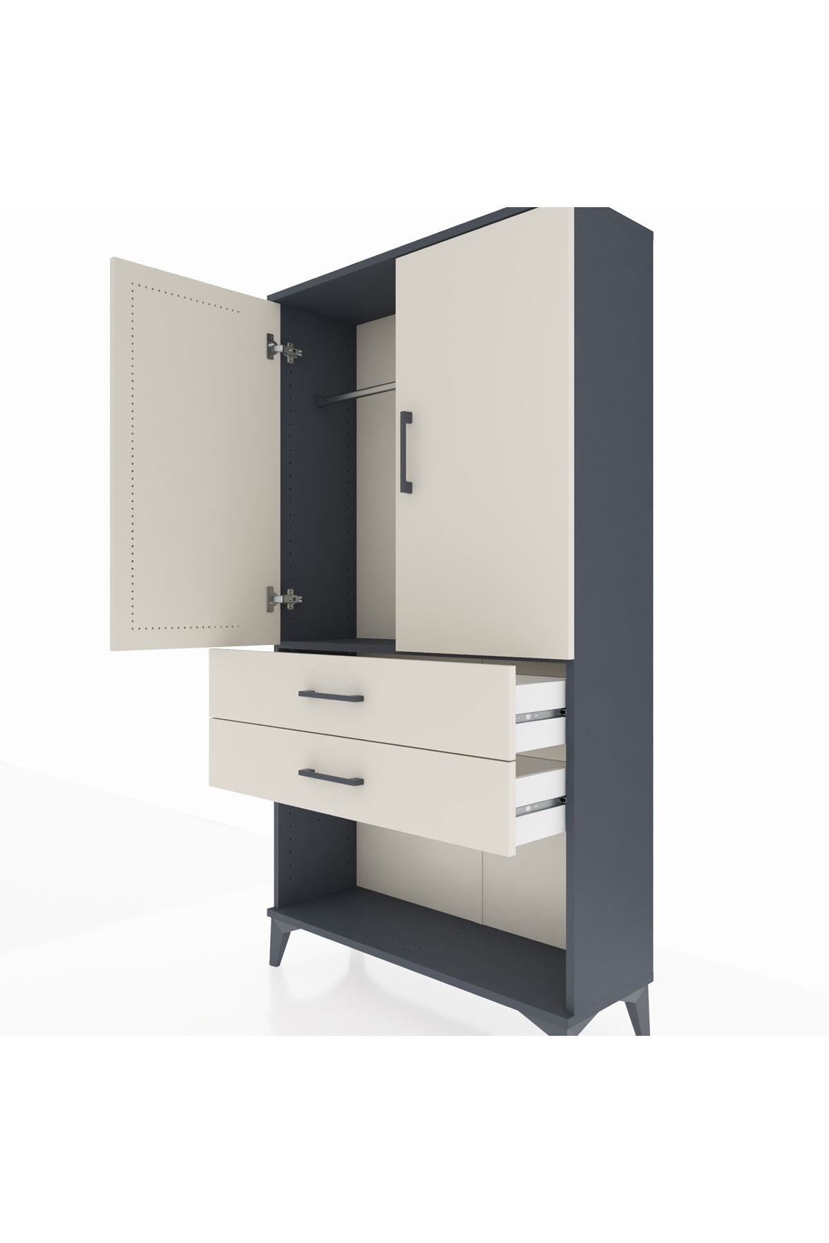 Arges Dolap Tek Raflı 2 Çekmeceli Tek Askılı 88x30x163 Antrasit-Aytaşı