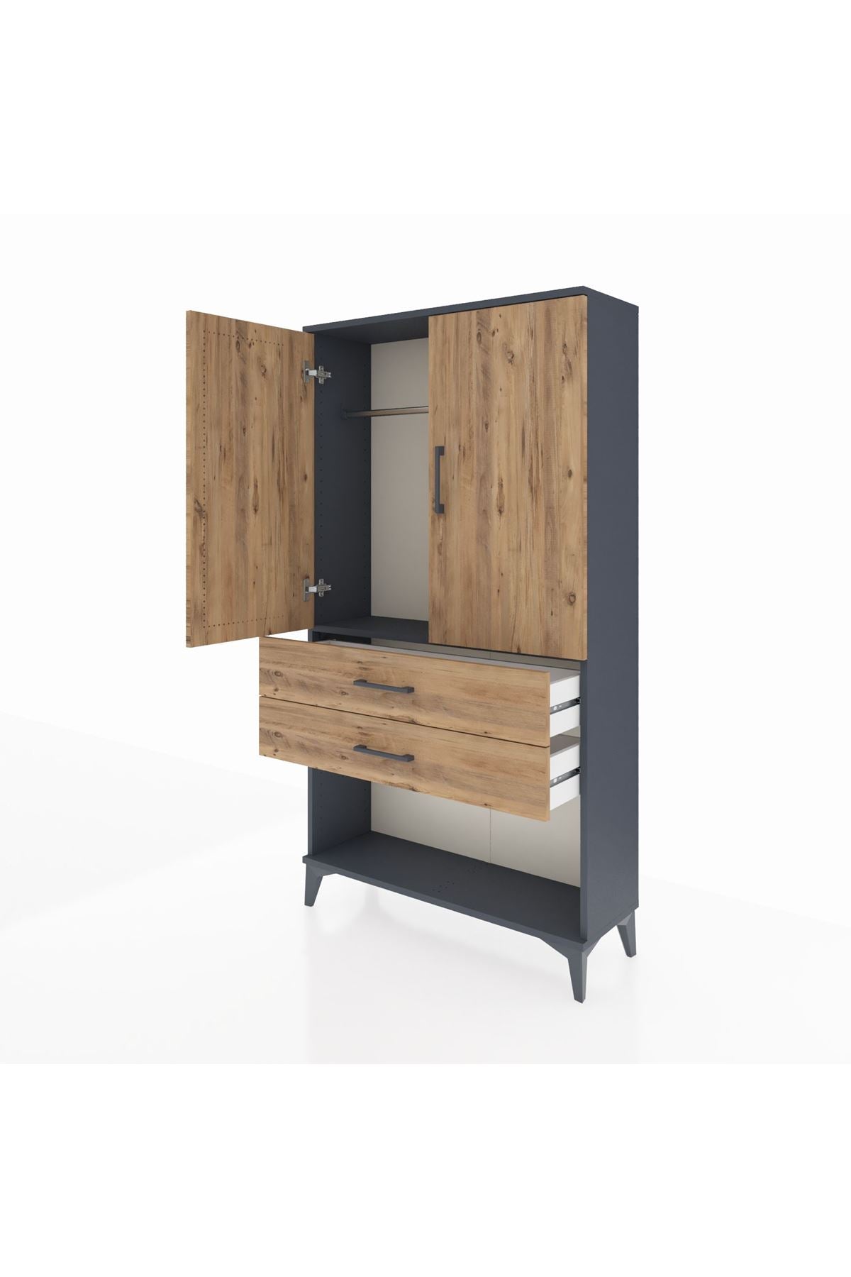 Arges Dolap Tek Raflı 2 Çekmeceli Tek Askılı 88x30x163 Antrasit-Çam