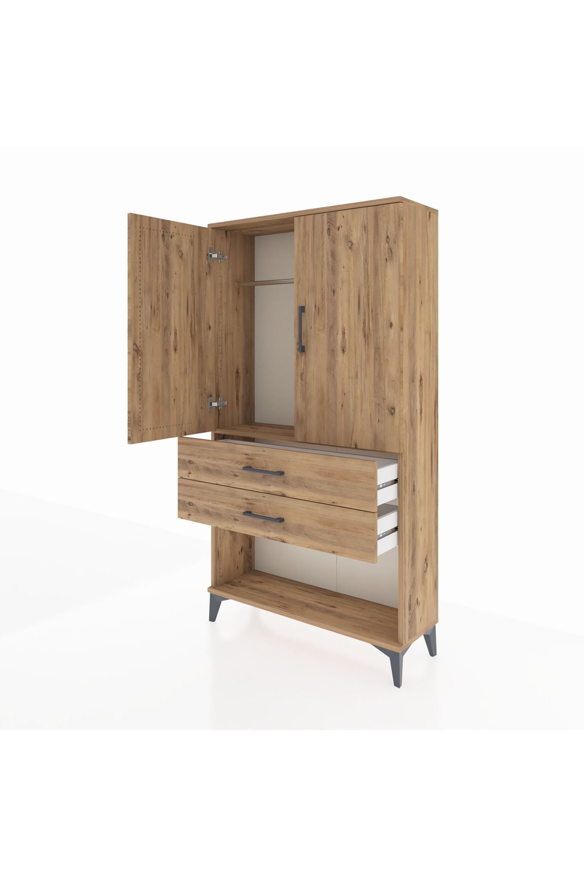 Arges Dolap Tek Raflı 2 Çekmeceli Tek Askılı 88x30x163 Çam-Çam