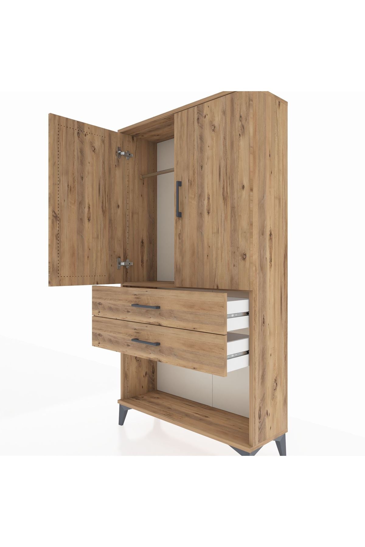 Arges Dolap Tek Raflı 2 Çekmeceli Tek Askılı 88x30x163 Çam-Çam