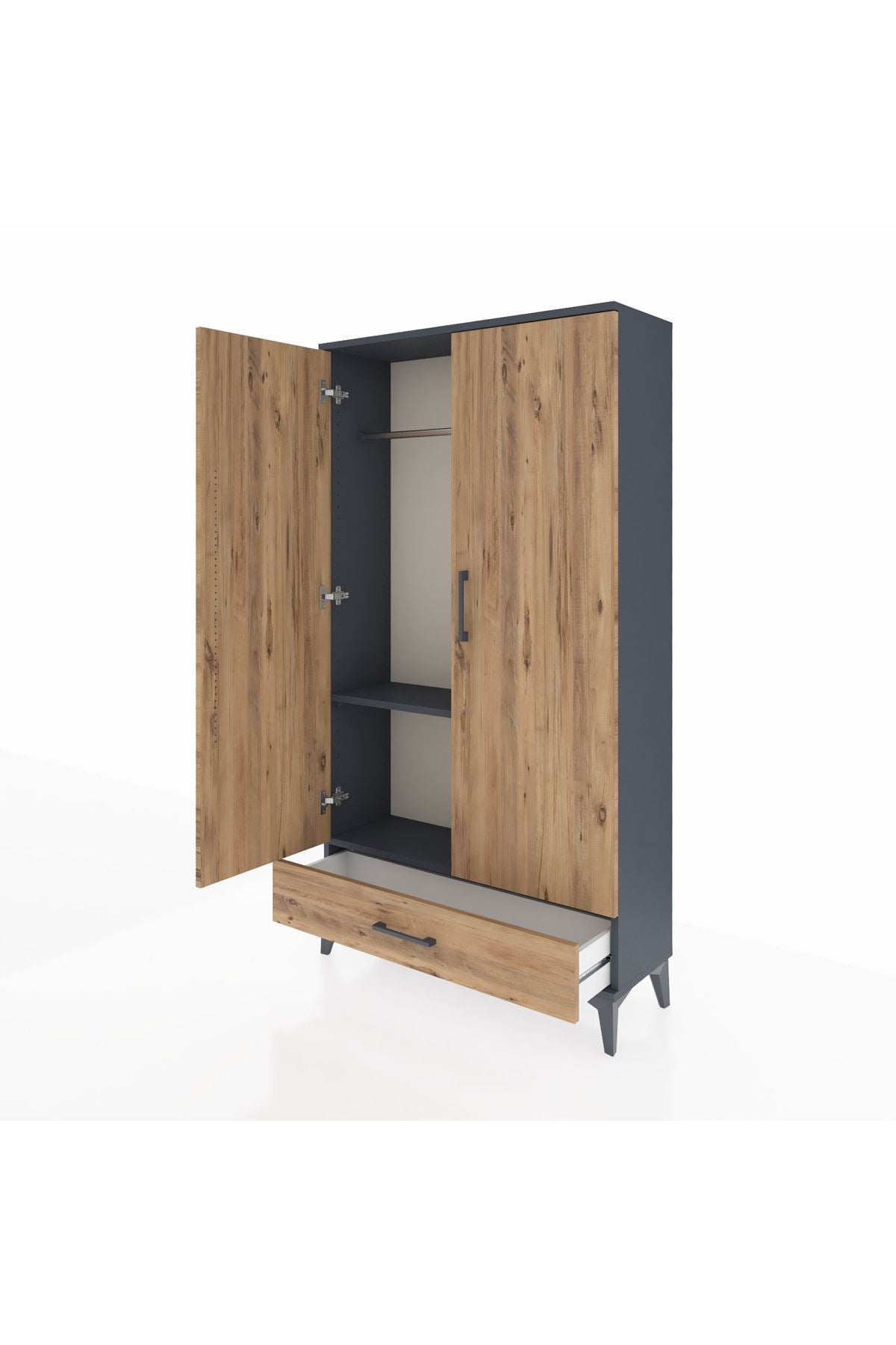 Arges Dolap 2 Raflı Tek Çekmeceli Tek Askılı 88x30x163 Antrasit-Çam