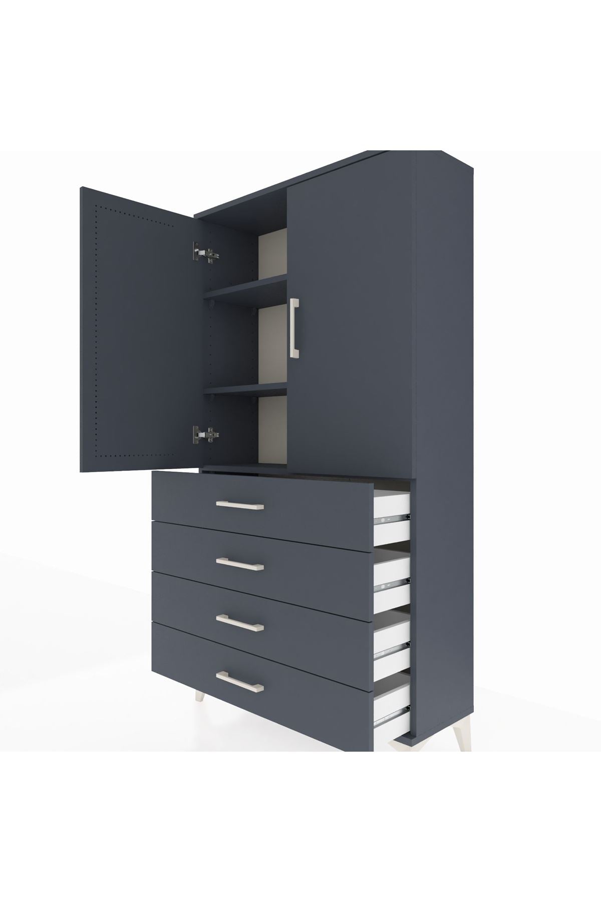 Arges Dolap 3 Raflı 4 Çekmeceli 2 Kapaklı 88x30x163 Antrasit-Antrasit