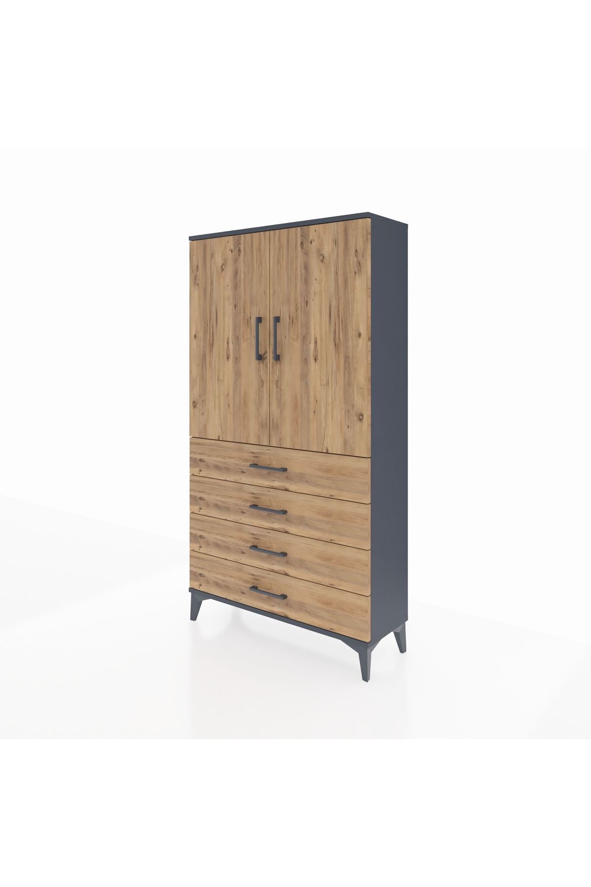 Arges Dolap 3 Raflı 4 Çekmeceli 2 Kapaklı 88x30x163 Antrasit-Çam