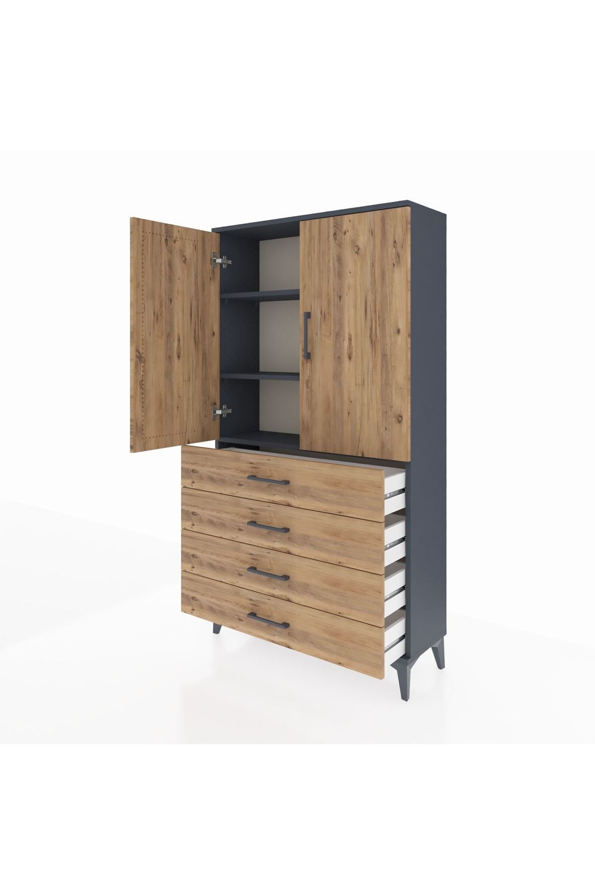 Arges Dolap 3 Raflı 4 Çekmeceli 2 Kapaklı 88x30x163 Antrasit-Çam