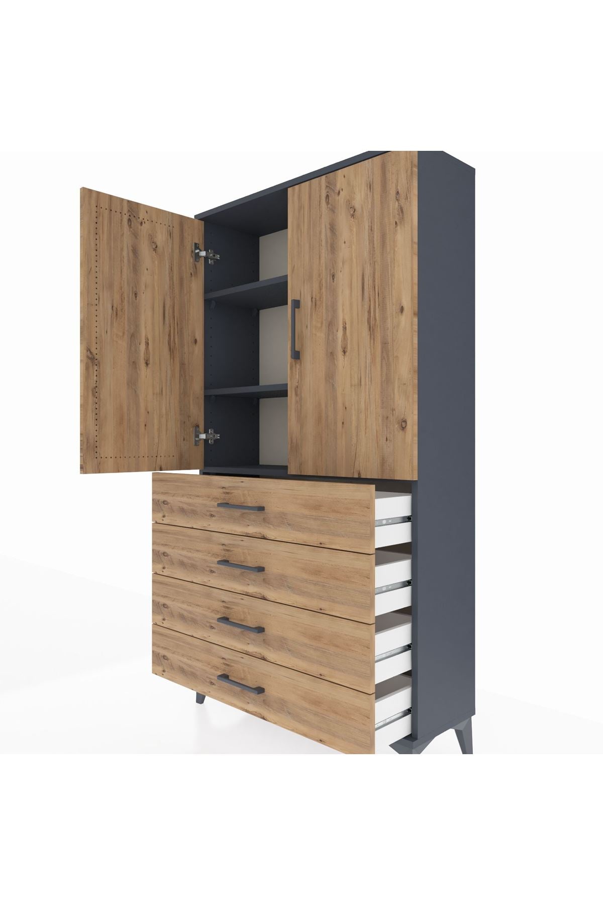 Arges Dolap 3 Raflı 4 Çekmeceli 2 Kapaklı 88x30x163 Antrasit-Çam