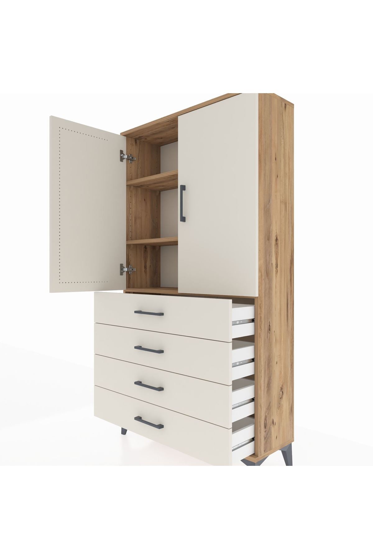 Arges Dolap 3 Raflı 4 Çekmeceli 2 Kapaklı 88x30x163 Çam-Aytaşı