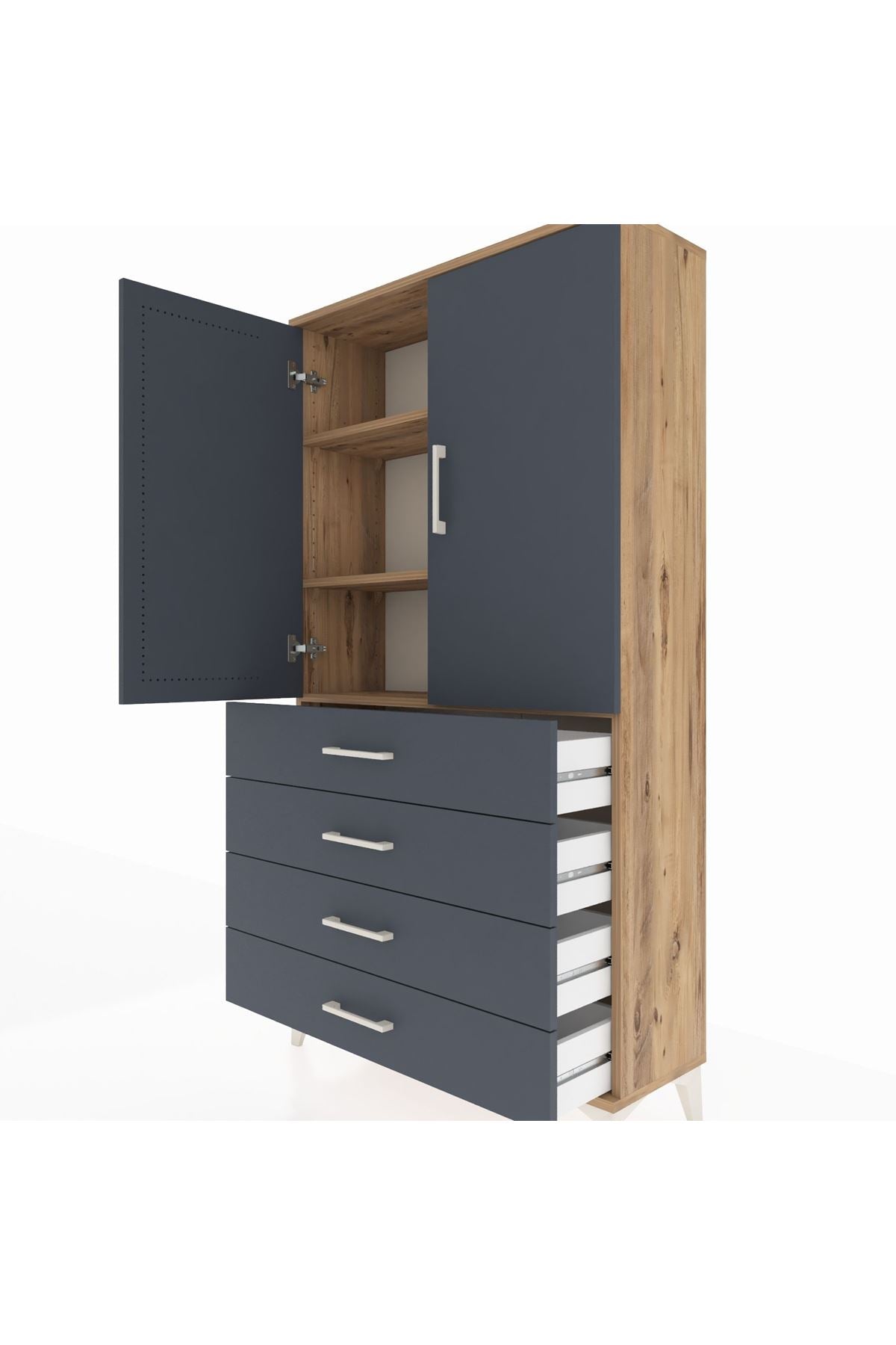 Arges Dolap 3 Raflı 4 Çekmeceli 2 Kapaklı 88x30x163 Çam-Antrasit