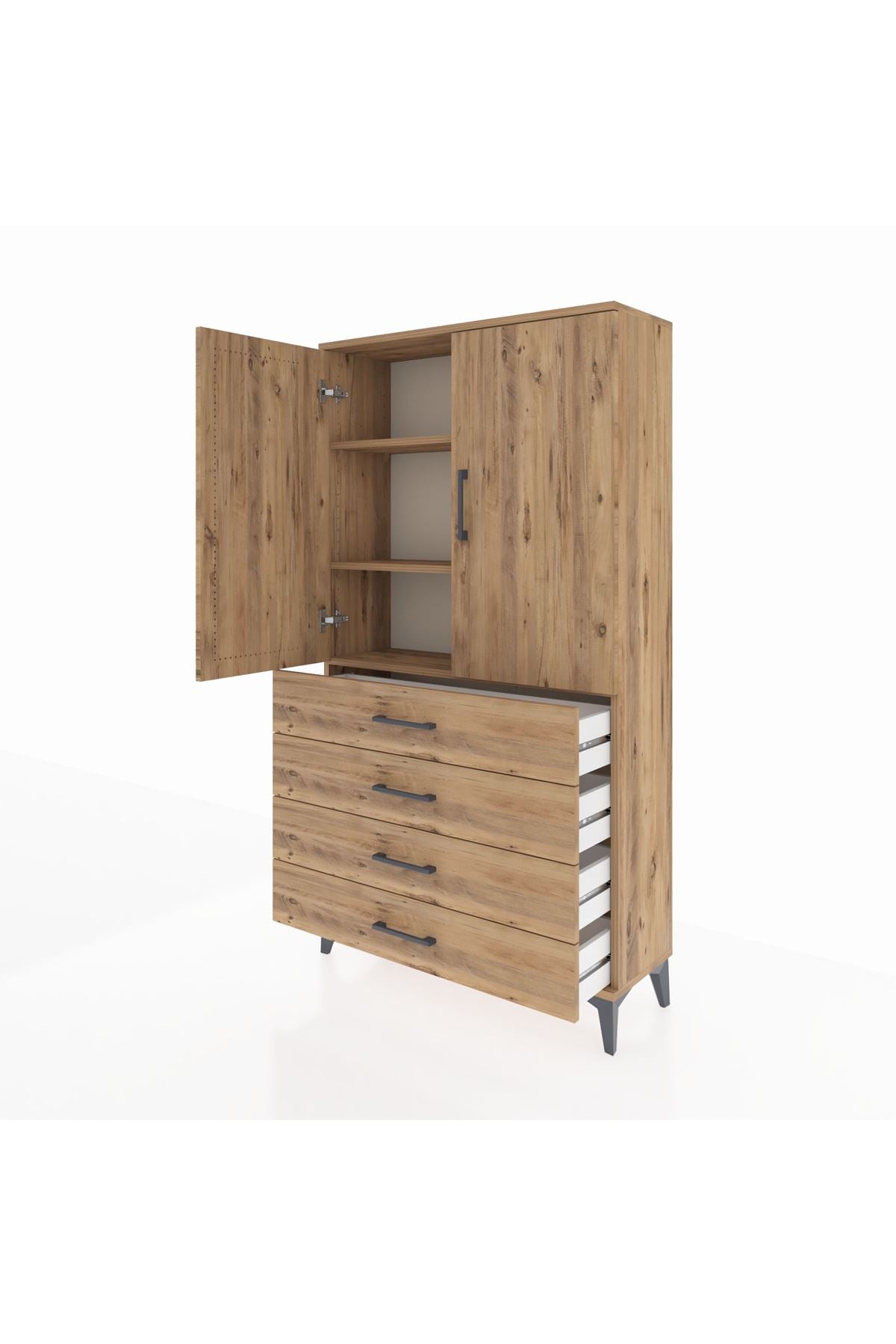 Arges Dolap 3 Raflı 4 Çekmeceli 2 Kapaklı 88x30x163 Çam-Çam