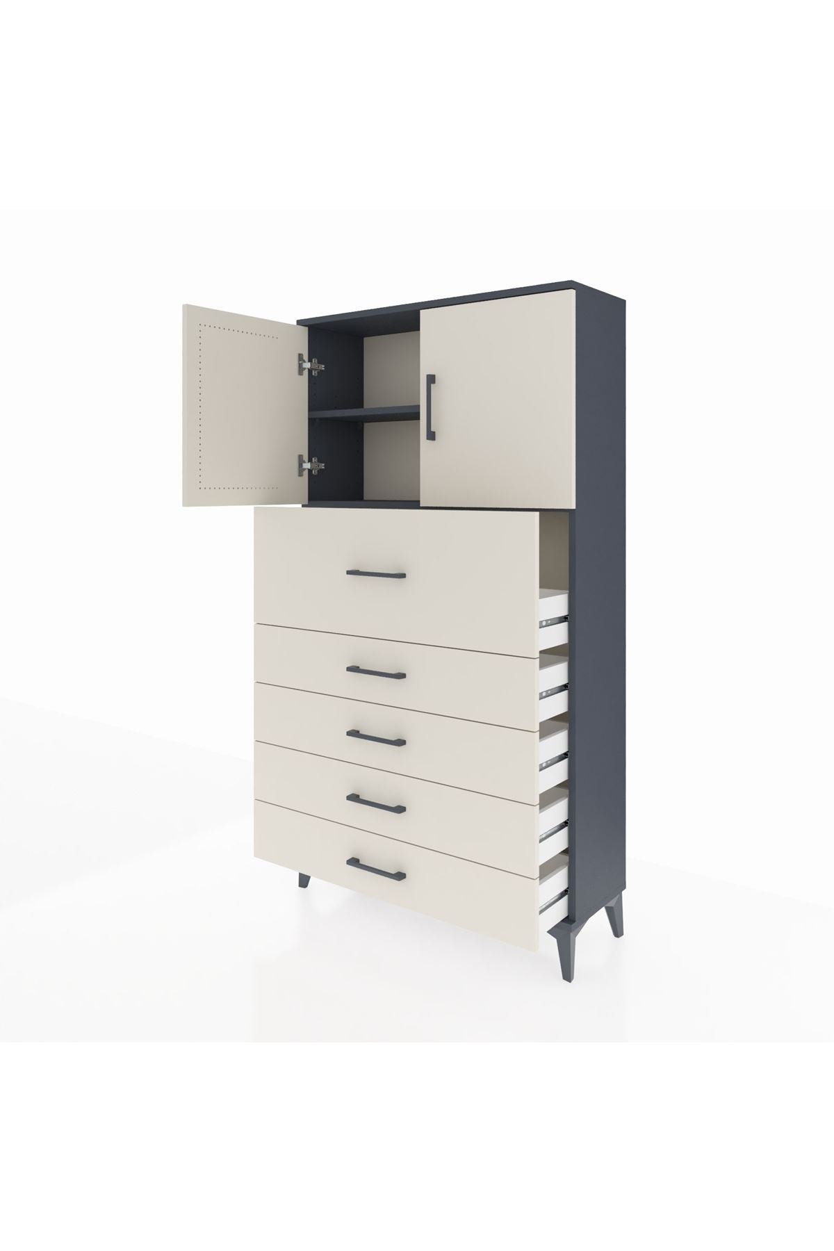 Arges Dolap 2 Raflı 5 Çekmeceli 2 Kapaklı 88x30x163 Antrasit-Aytaşı