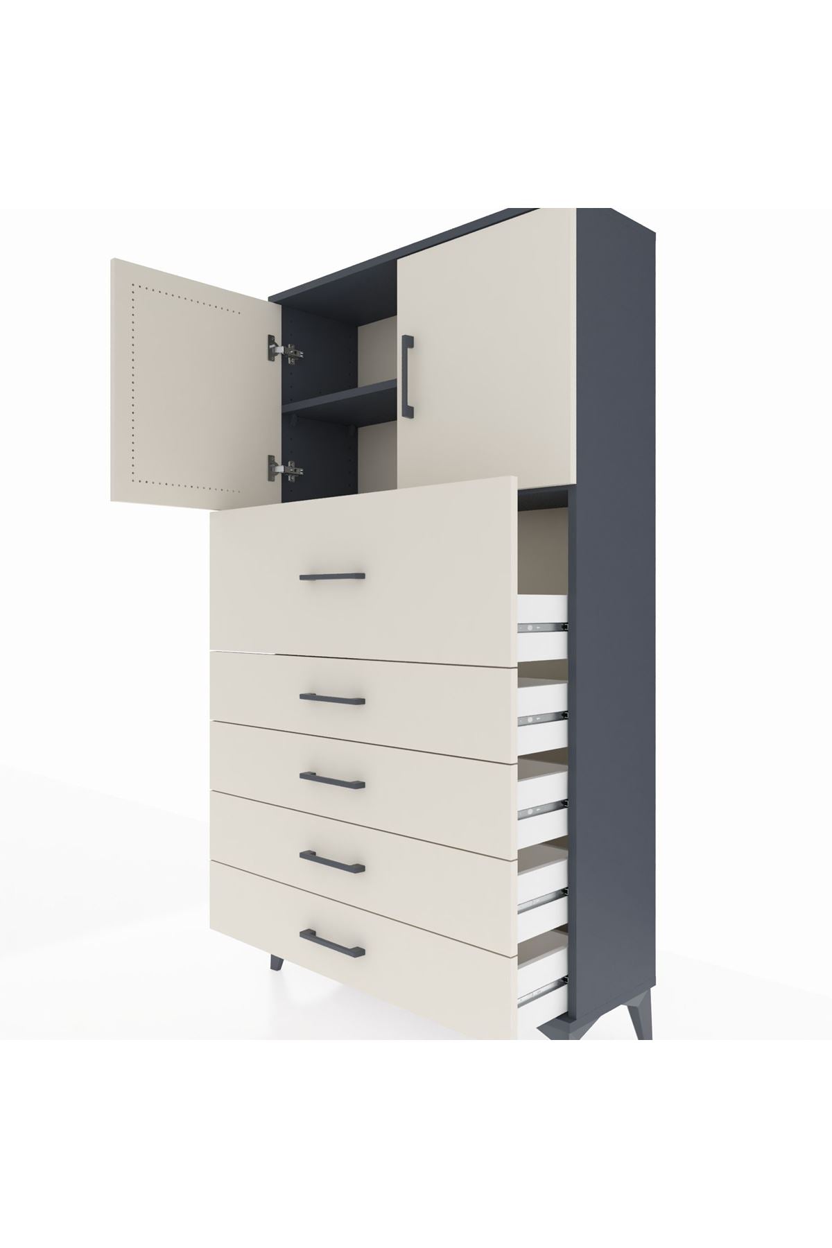 Arges Dolap 2 Raflı 5 Çekmeceli 2 Kapaklı 88x30x163 Antrasit-Aytaşı