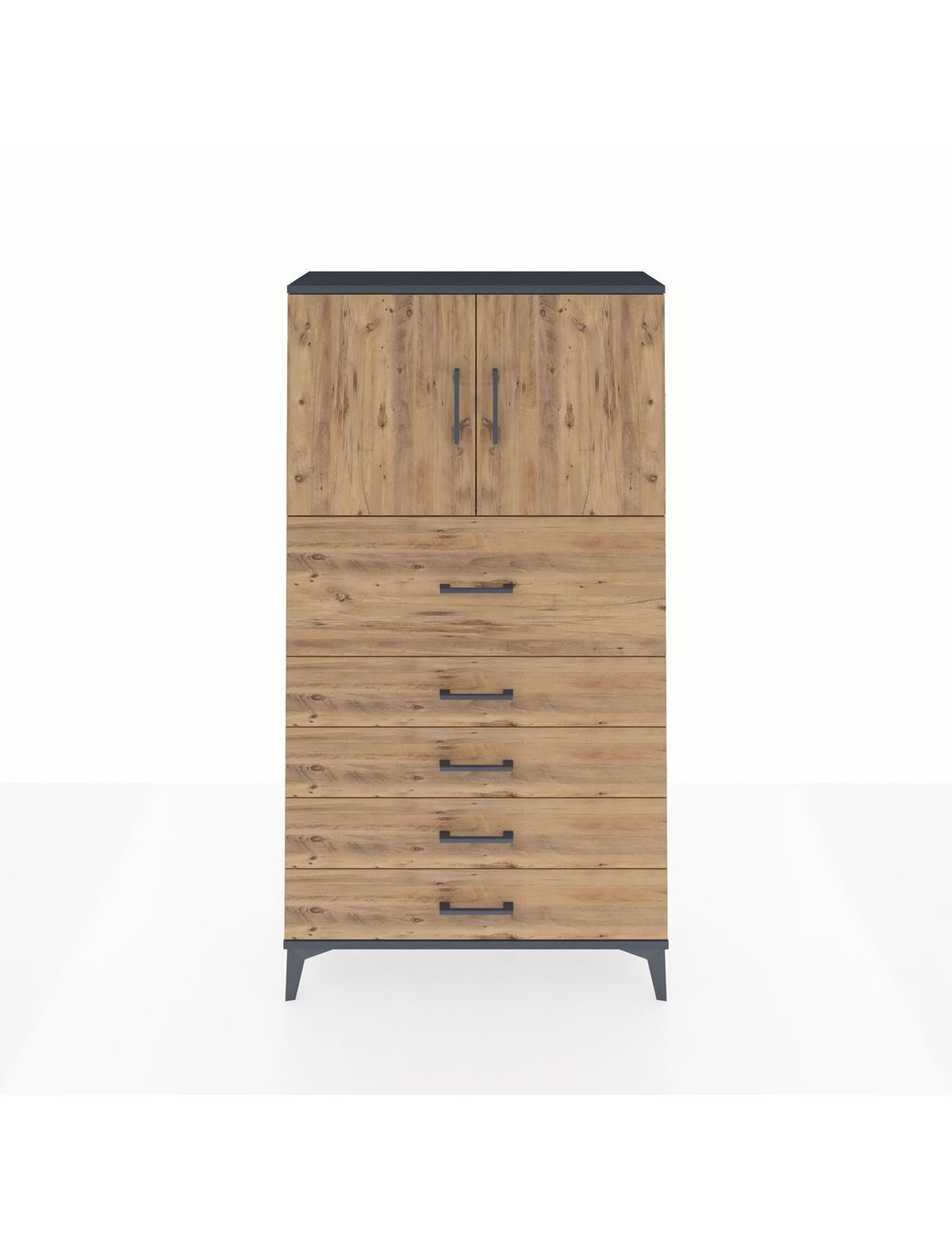 Arges Dolap 2 Raflı 5 Çekmeceli 2 Kapaklı 88x30x163 Antrasit-Çam