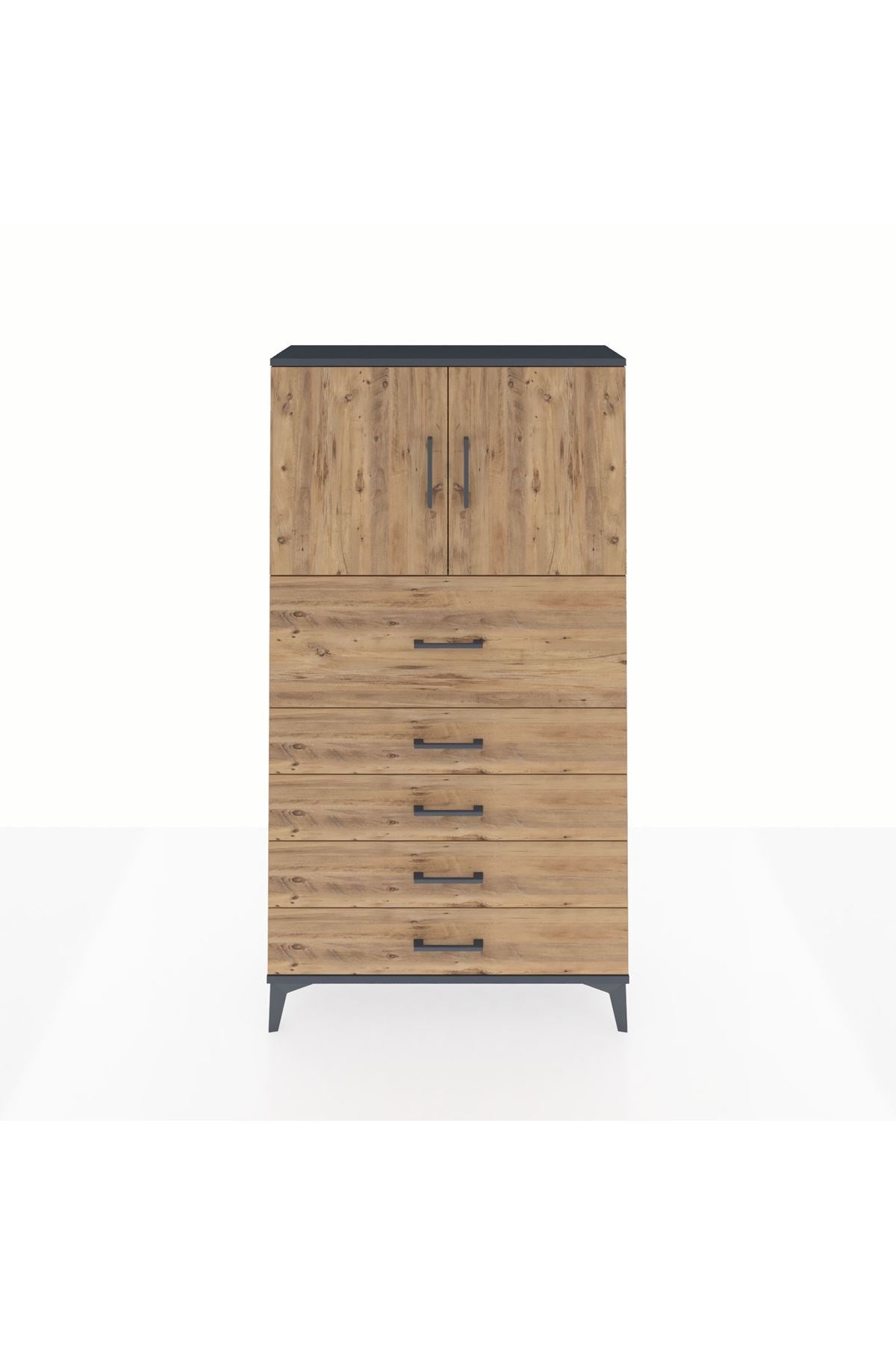 Arges Dolap 2 Raflı 5 Çekmeceli 2 Kapaklı 88x30x163 Antrasit-Çam