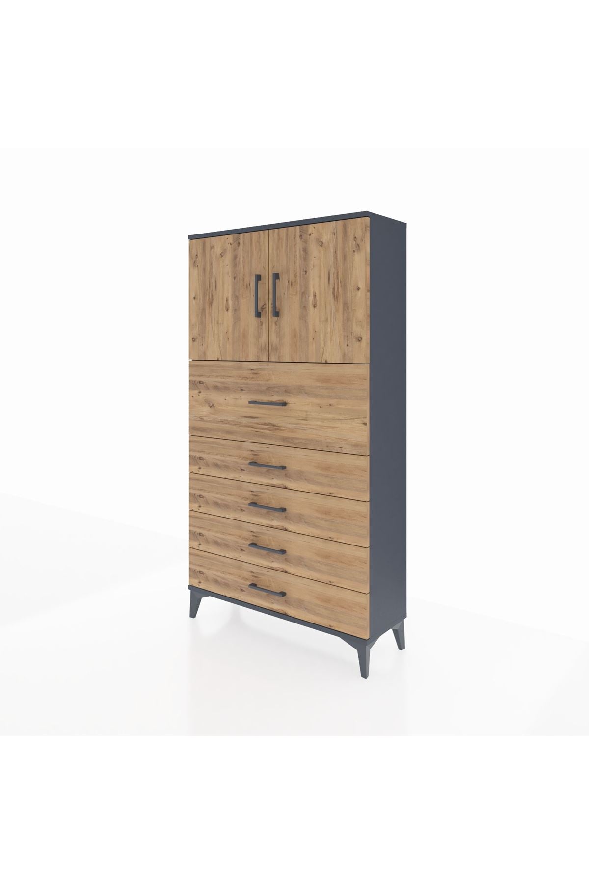 Arges Dolap 2 Raflı 5 Çekmeceli 2 Kapaklı 88x30x163 Antrasit-Çam