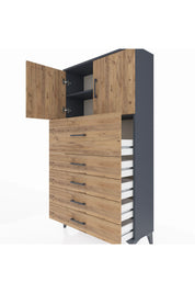 Arges Dolap 2 Raflı 5 Çekmeceli 2 Kapaklı 88x30x163 Antrasit-Çam