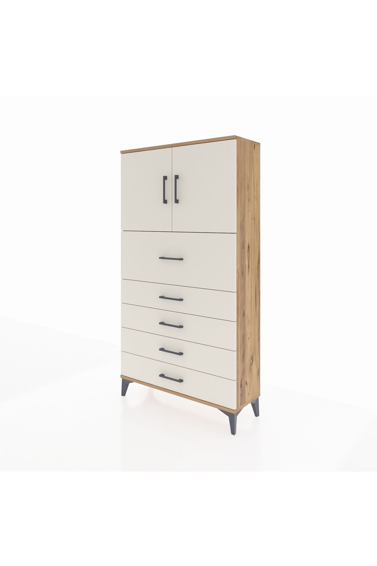 Arges Dolap 2 Raflı 5 Çekmeceli 2 Kapaklı 88x30x163 Çam-Aytaşı