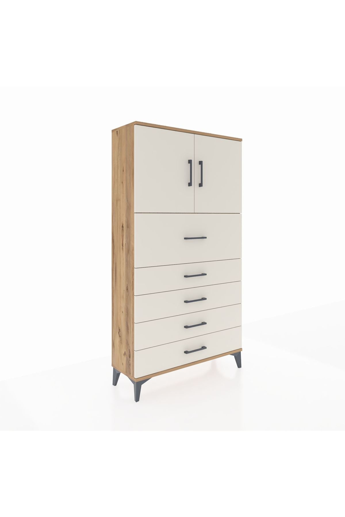 Arges Dolap 2 Raflı 5 Çekmeceli 2 Kapaklı 88x30x163 Çam-Aytaşı