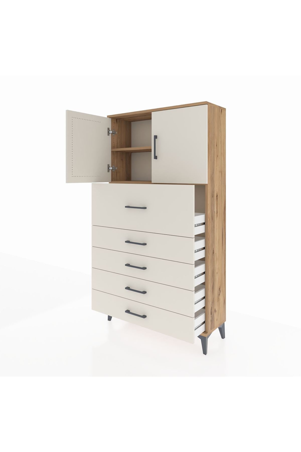 Arges Dolap 2 Raflı 5 Çekmeceli 2 Kapaklı 88x30x163 Çam-Aytaşı