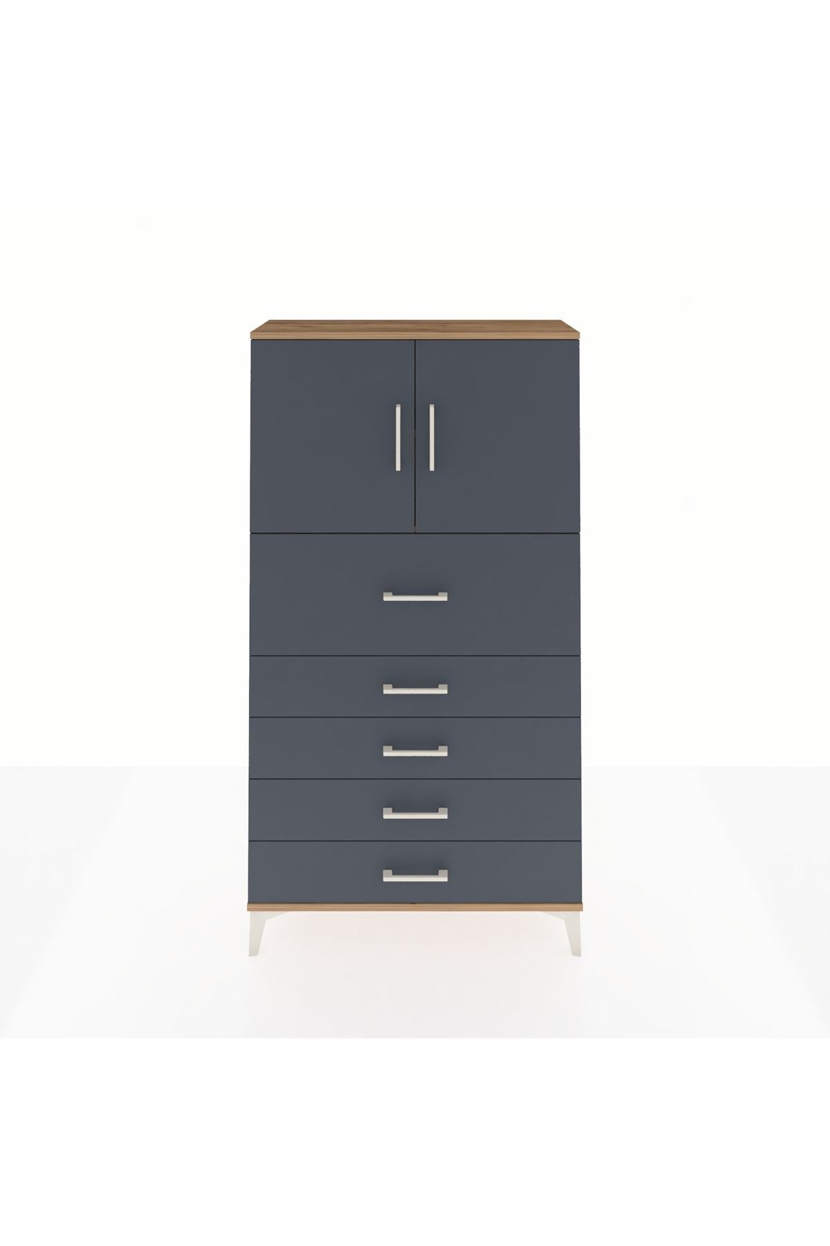 Arges Dolap 2 Raflı 5 Çekmeceli 2 Kapaklı 88x30x163 Çam-Antrasit