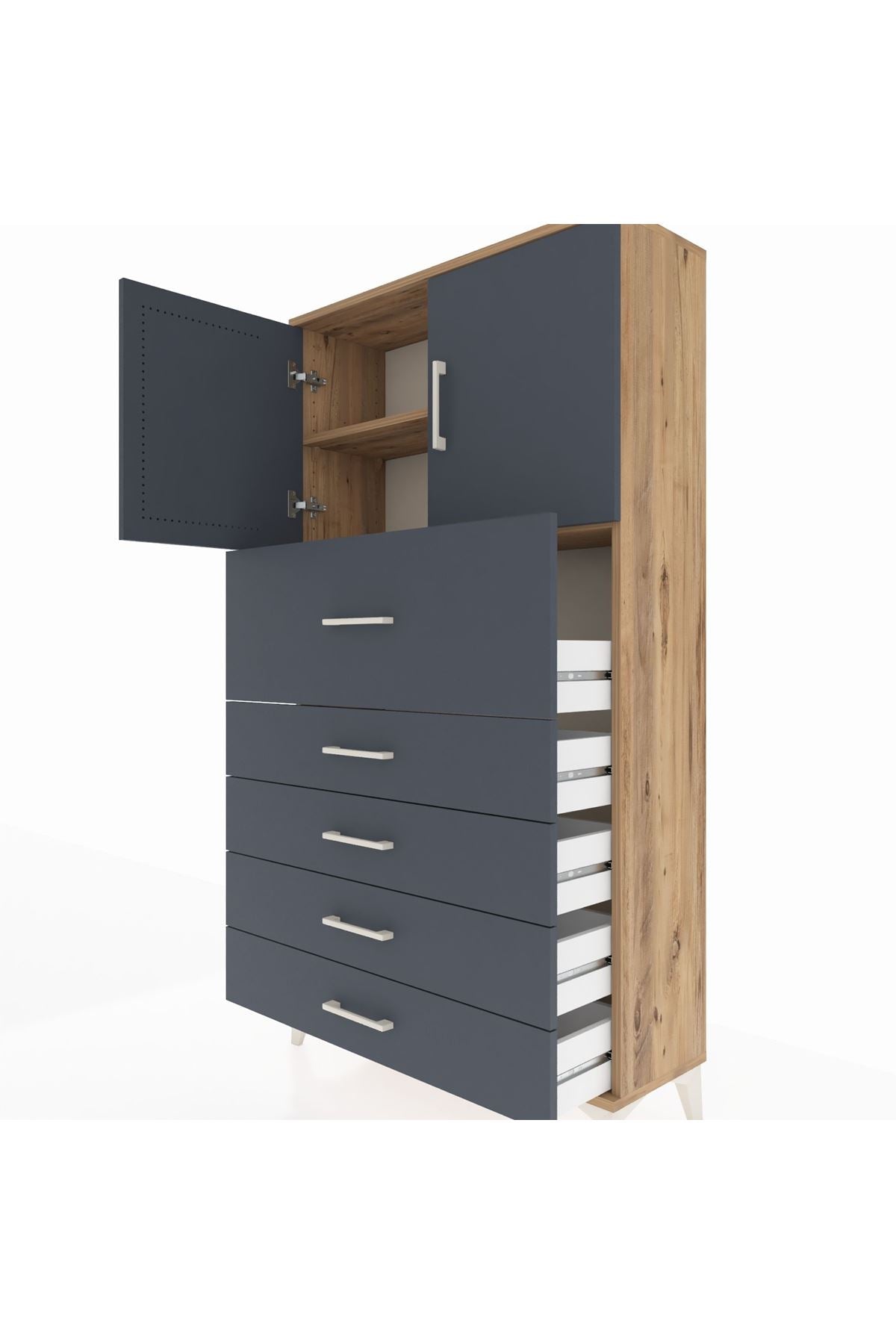 Arges Dolap 2 Raflı 5 Çekmeceli 2 Kapaklı 88x30x163 Çam-Antrasit