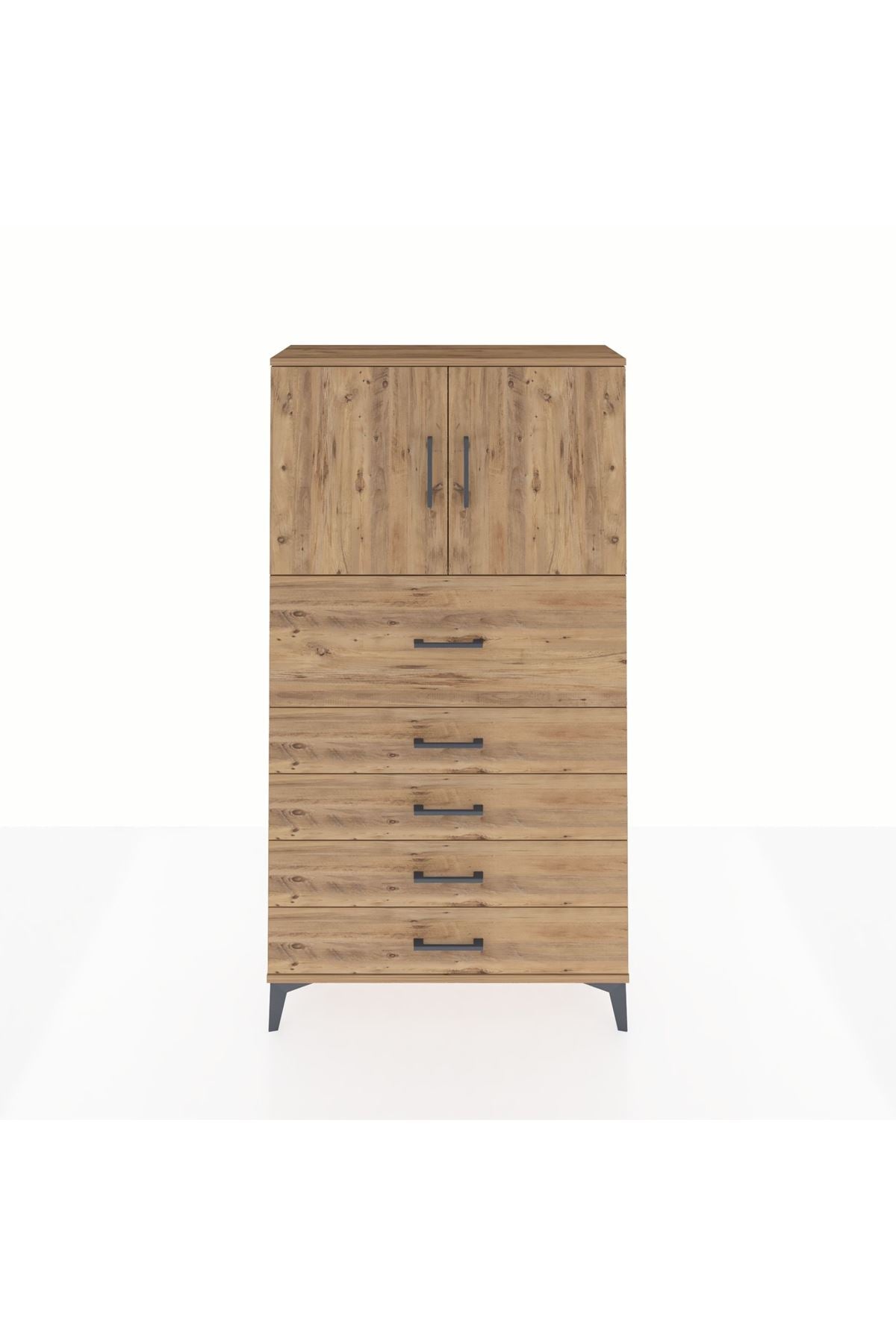 Arges Dolap 2 Raflı 5 Çekmeceli 2 Kapaklı 88x30x163 Çam-Çam