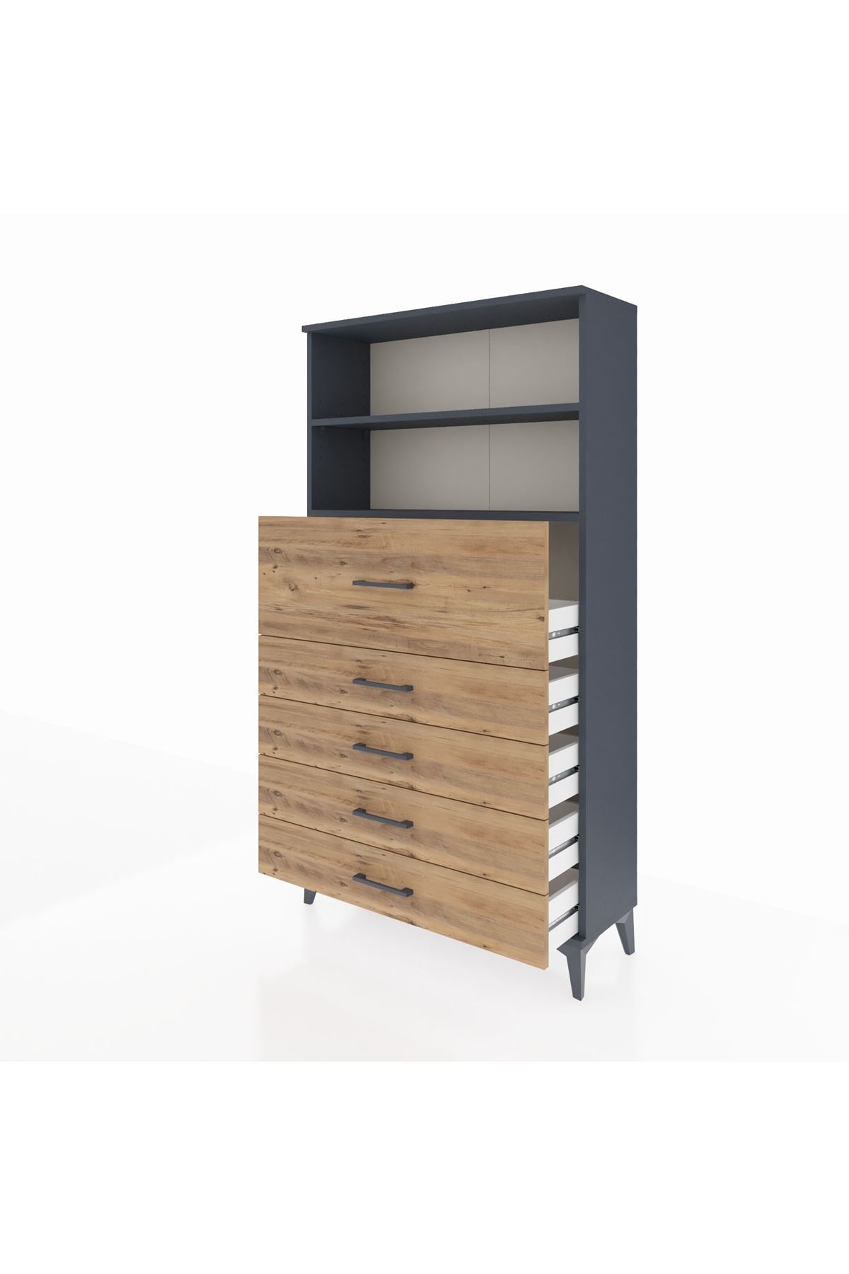 Arges Dolap 2 Raflı 5 Çekmeceli 88x30x163 Antrasit-Çam