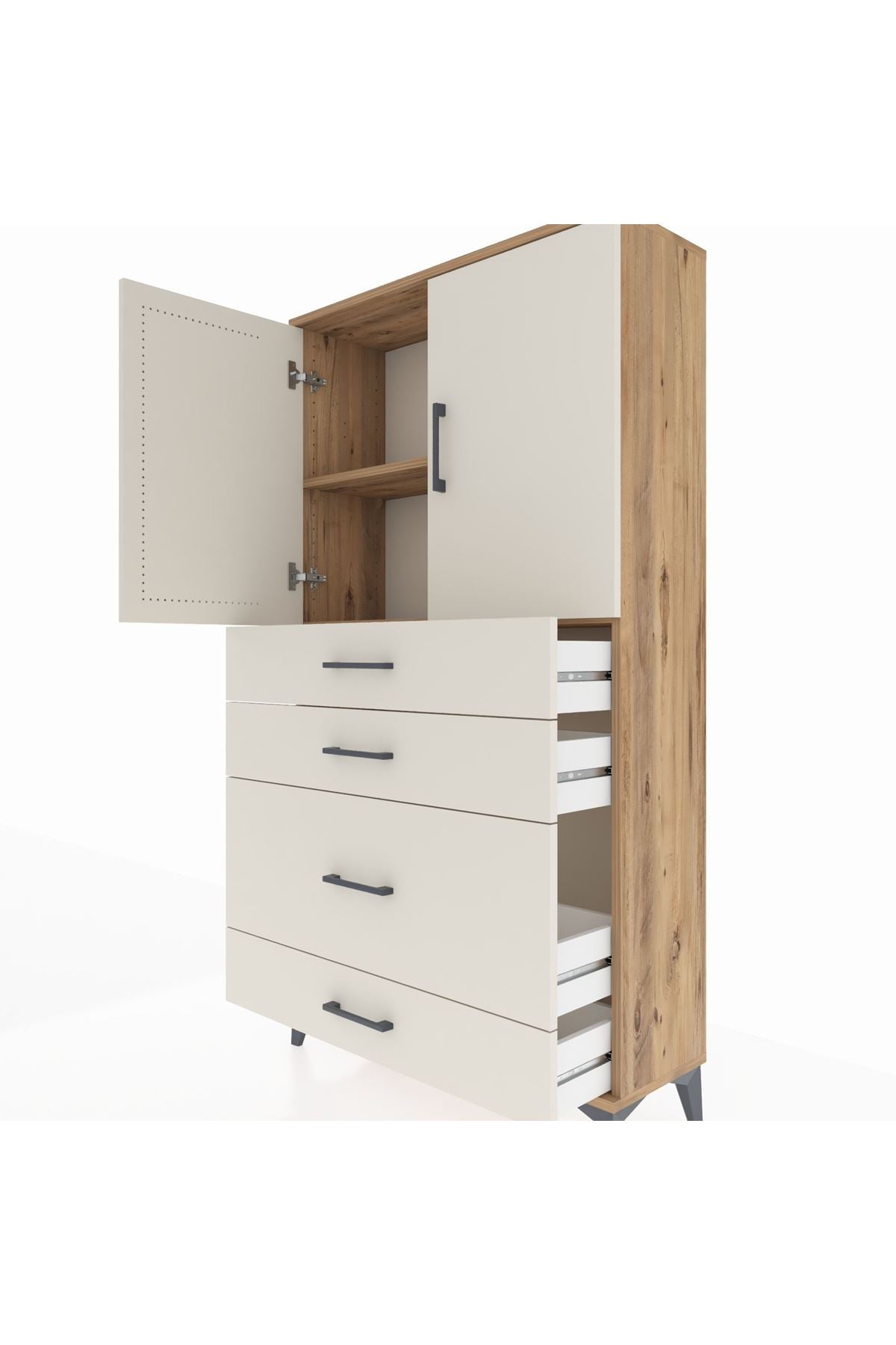 Arges Dolap 2 Raflı 4 Çekmeceli 2 Kapaklı 88x30x163 Çam-Aytaşı