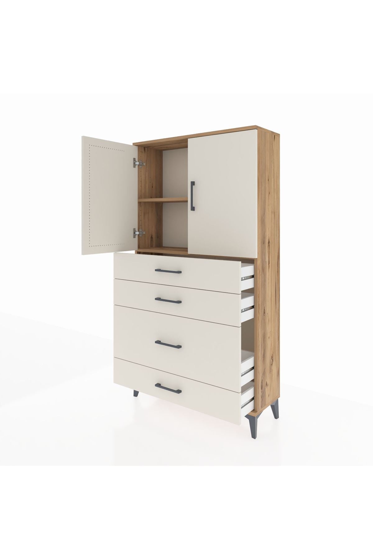 Arges Dolap 2 Raflı 4 Çekmeceli 2 Kapaklı 88x30x163 Çam-Aytaşı