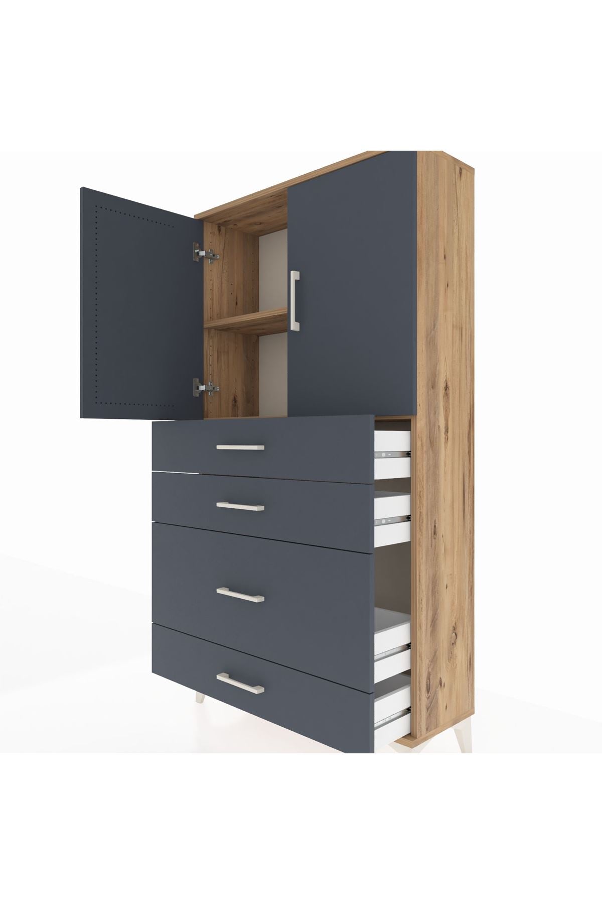 Arges Dolap 2 Raflı 4 Çekmeceli 2 Kapaklı 88x30x163 Çam-Antrasit