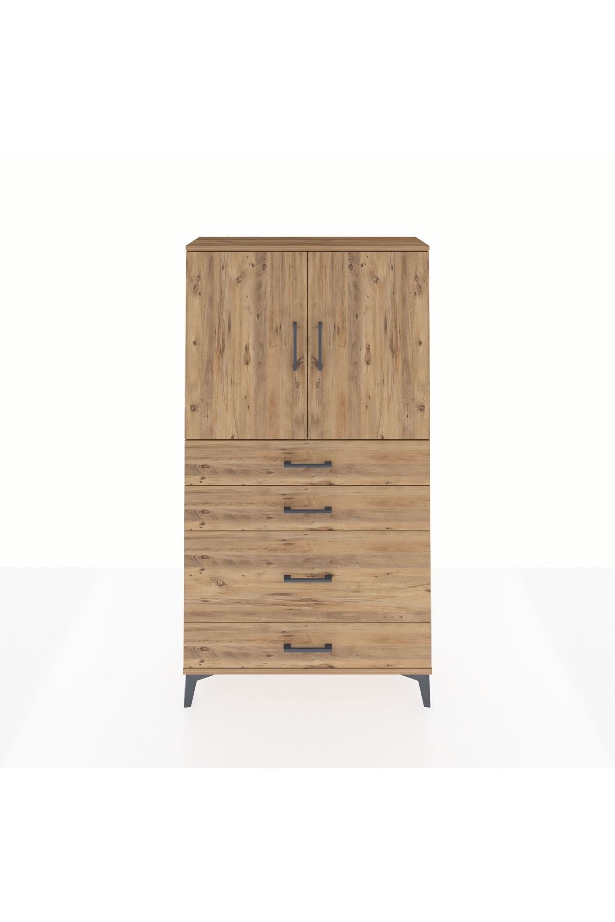 Arges Dolap 2 Raflı 4 Çekmeceli 2 Kapaklı 88x30x163 Çam-Çam