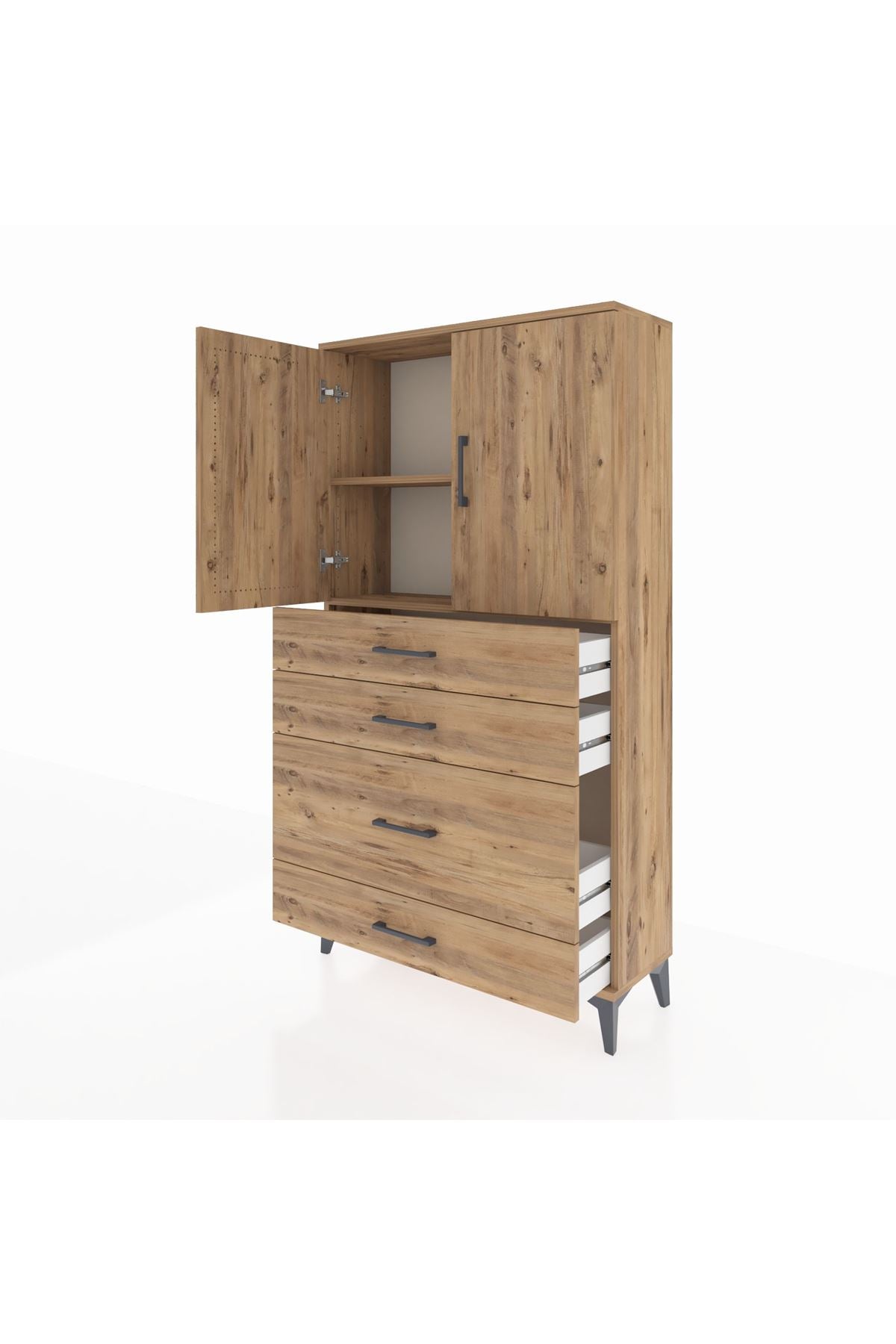 Arges Dolap 2 Raflı 4 Çekmeceli 2 Kapaklı 88x30x163 Çam-Çam