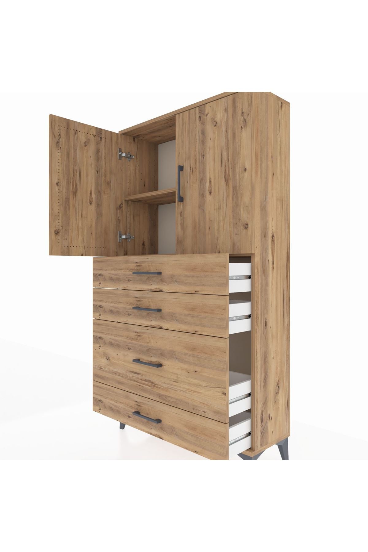 Arges Dolap 2 Raflı 4 Çekmeceli 2 Kapaklı 88x30x163 Çam-Çam