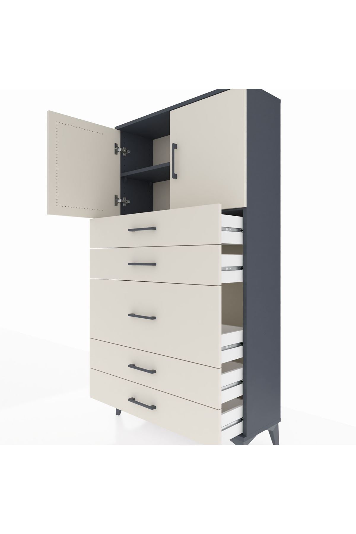 Arges Dolap 2 Raflı 5 Çekmeceli 2 Kapaklı 88x30x163 Antrasit-Aytaşı