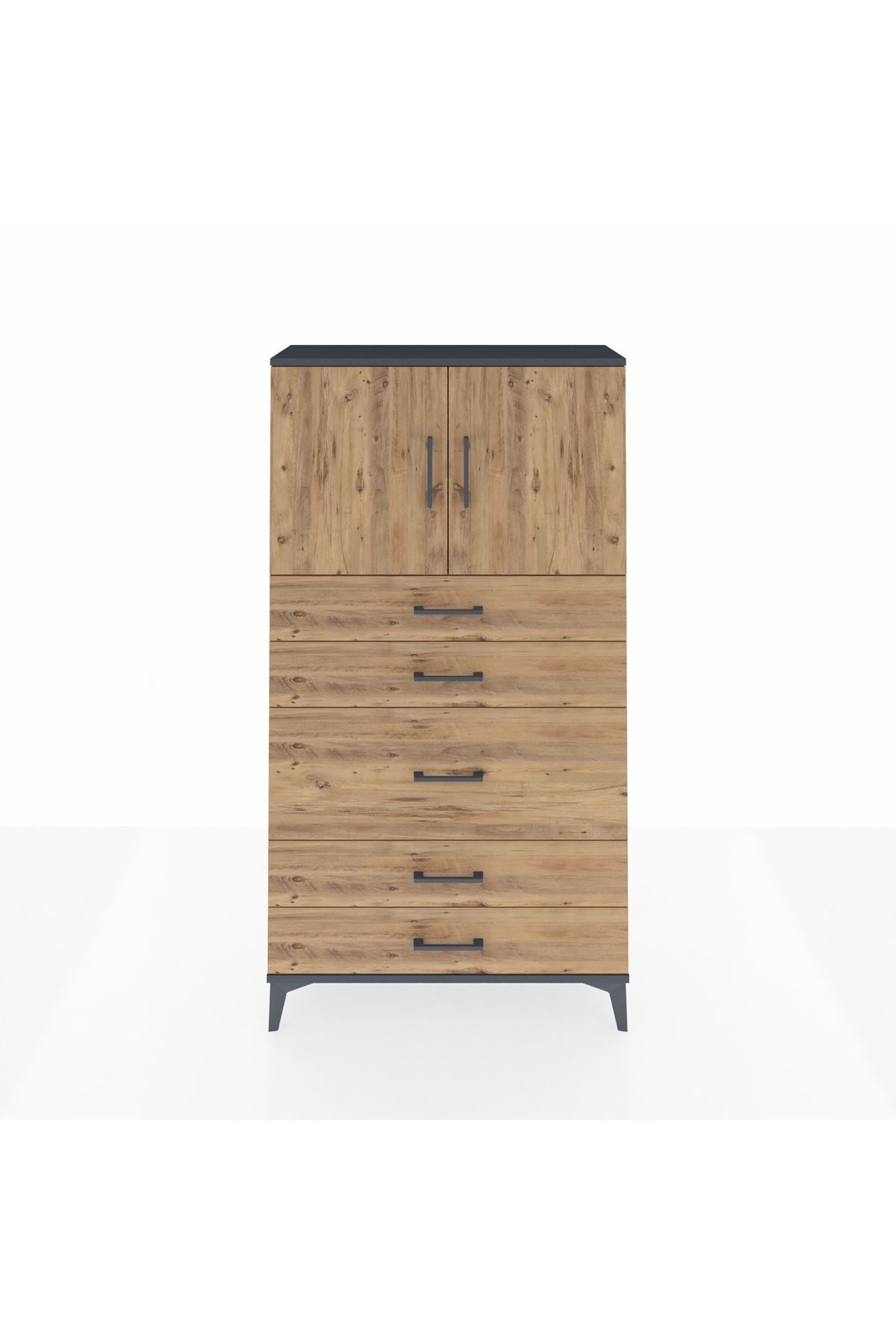 Arges Dolap 2 Raflı 5 Çekmeceli 2 Kapaklı 88x30x163 Antrasit-Çam