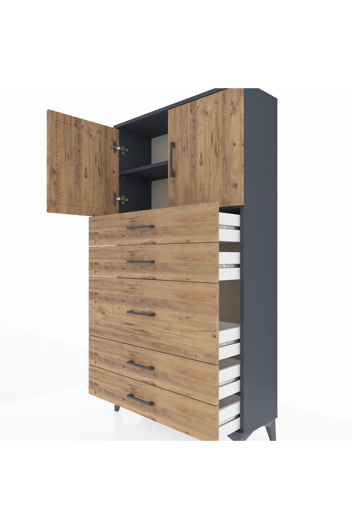 Arges Dolap 2 Raflı 5 Çekmeceli 2 Kapaklı 88x30x163 Antrasit-Çam