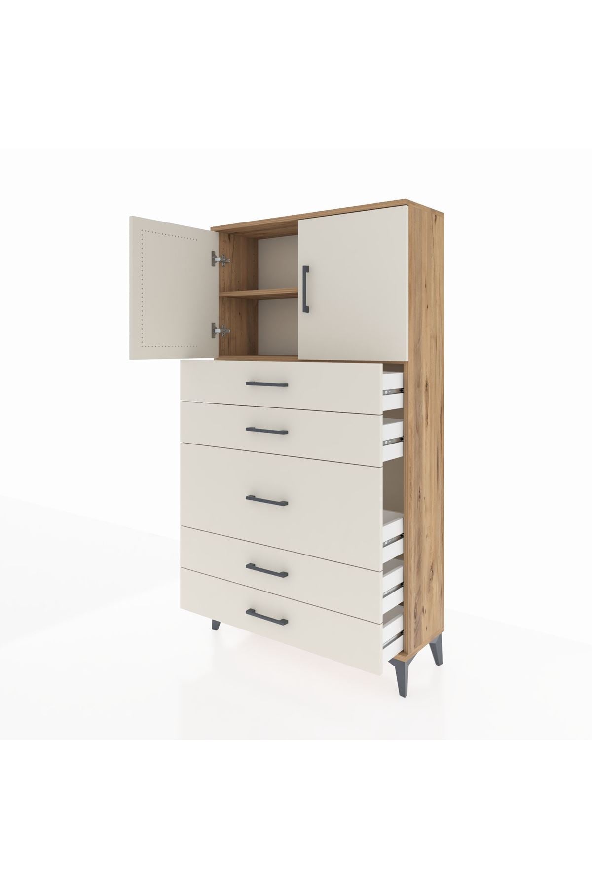 Arges Dolap 2 Raflı 5 Çekmeceli 2 Kapaklı 88x30x163 Çam-Aytaşı