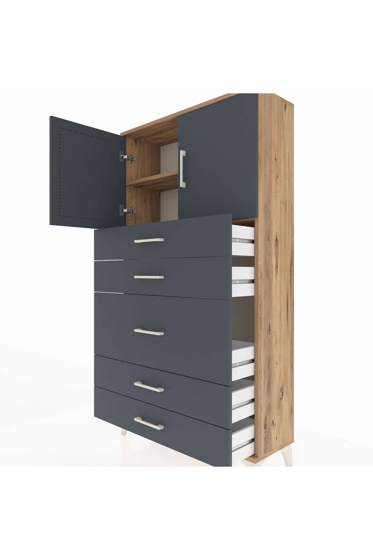 Arges Dolap 2 Raflı 5 Çekmeceli 2 Kapaklı 88x30x163 Çam-Antrasit