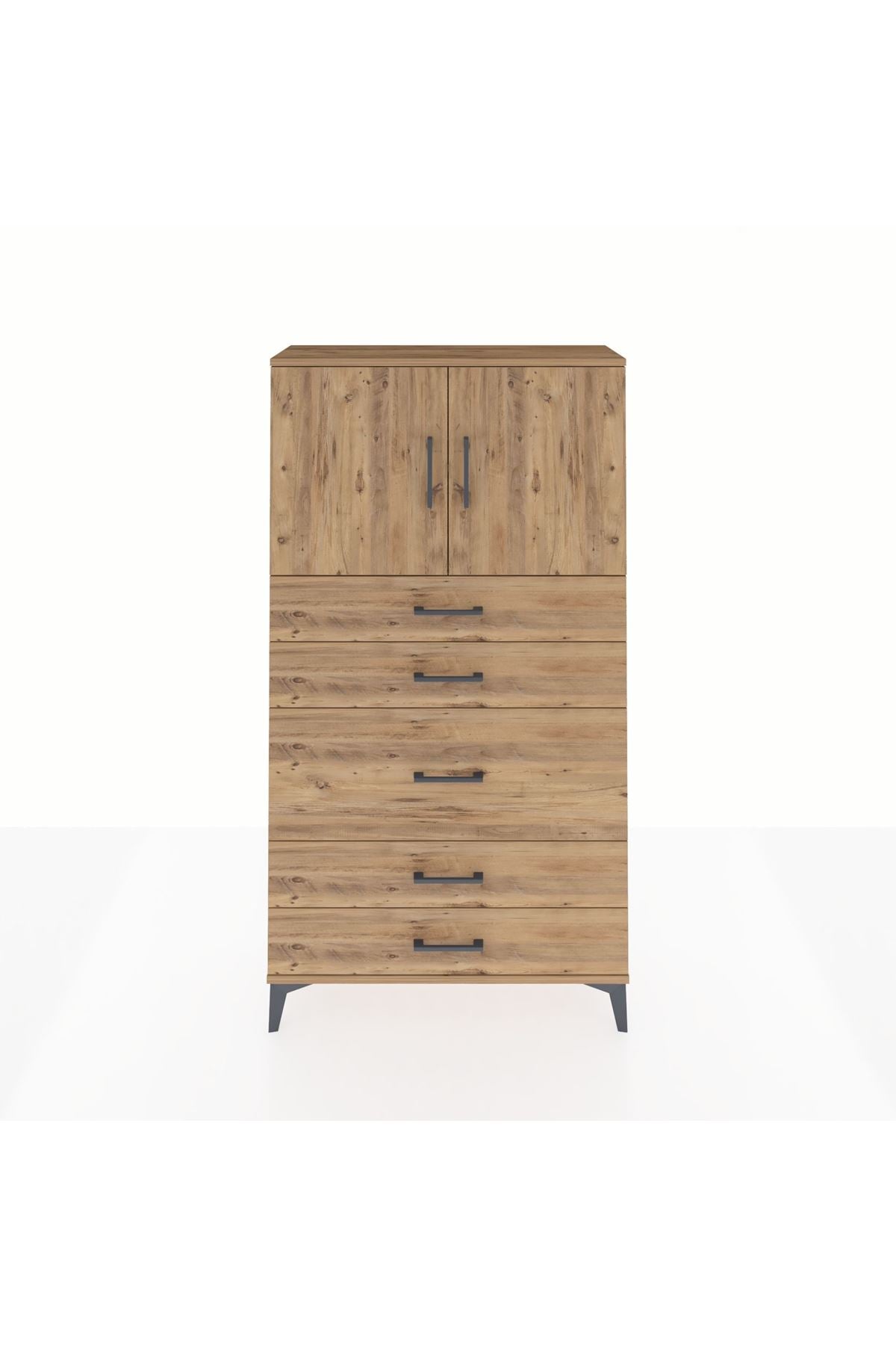 Arges Dolap 2 Raflı 5 Çekmeceli 2 Kapaklı 88x30x163 Çam-Çam