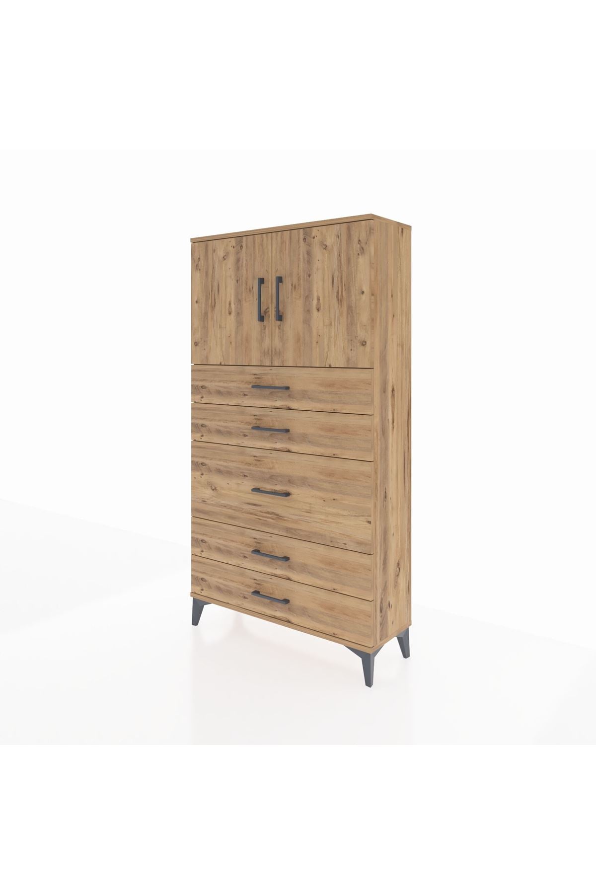 Arges Dolap 2 Raflı 5 Çekmeceli 2 Kapaklı 88x30x163 Çam-Çam