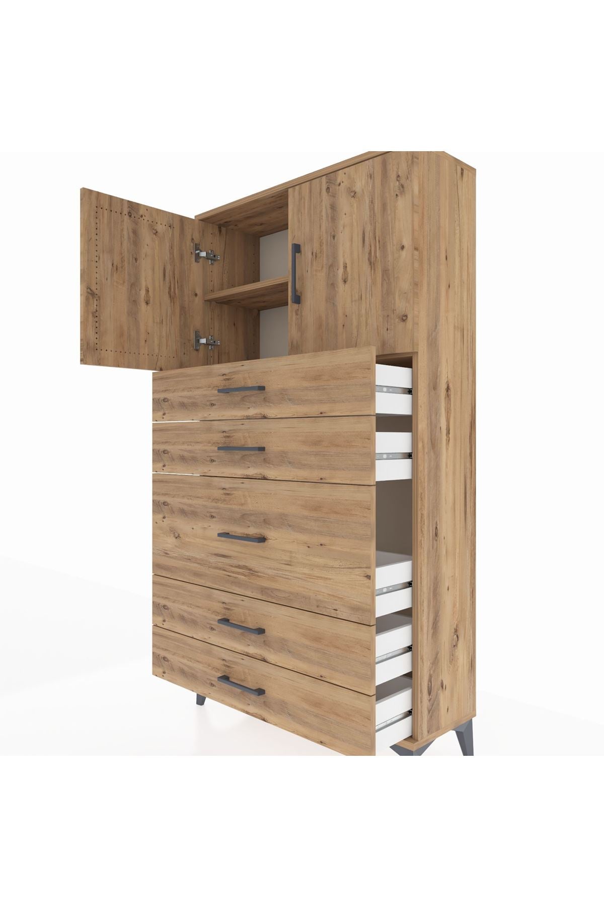 Arges Dolap 2 Raflı 5 Çekmeceli 2 Kapaklı 88x30x163 Çam-Çam