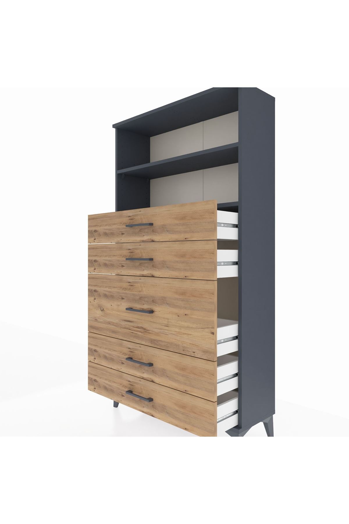 Arges Dolap 2 Raflı 5 Çekmeceli 88x30x163 Antrasit-Çam