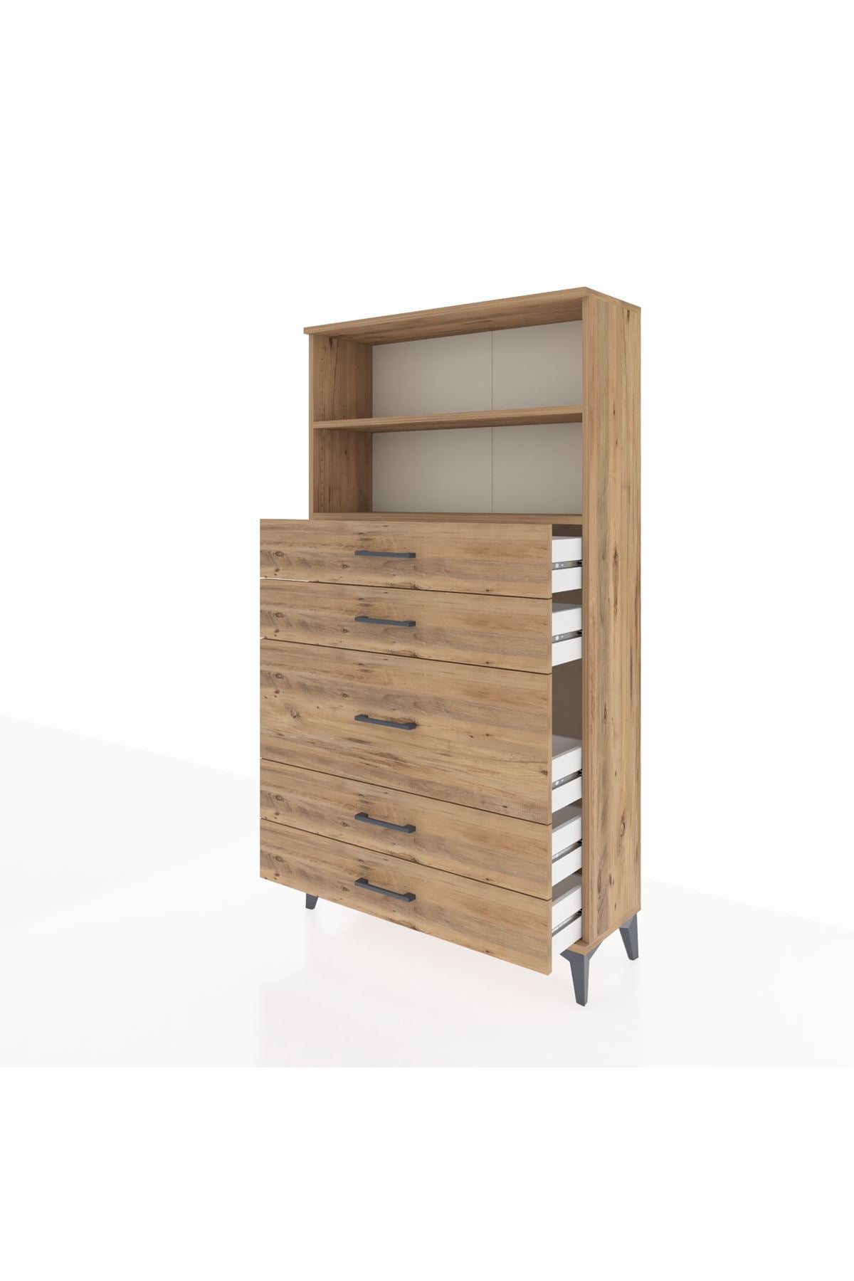 Arges Dolap 2 Raflı 5 Çekmeceli 88x30x163 Çam-Çam