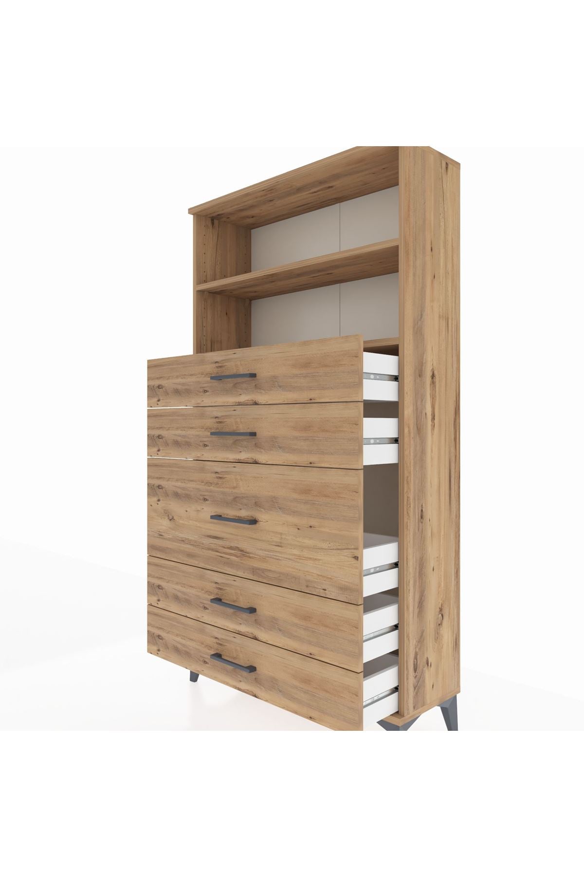 Arges Dolap 2 Raflı 5 Çekmeceli 88x30x163 Çam-Çam