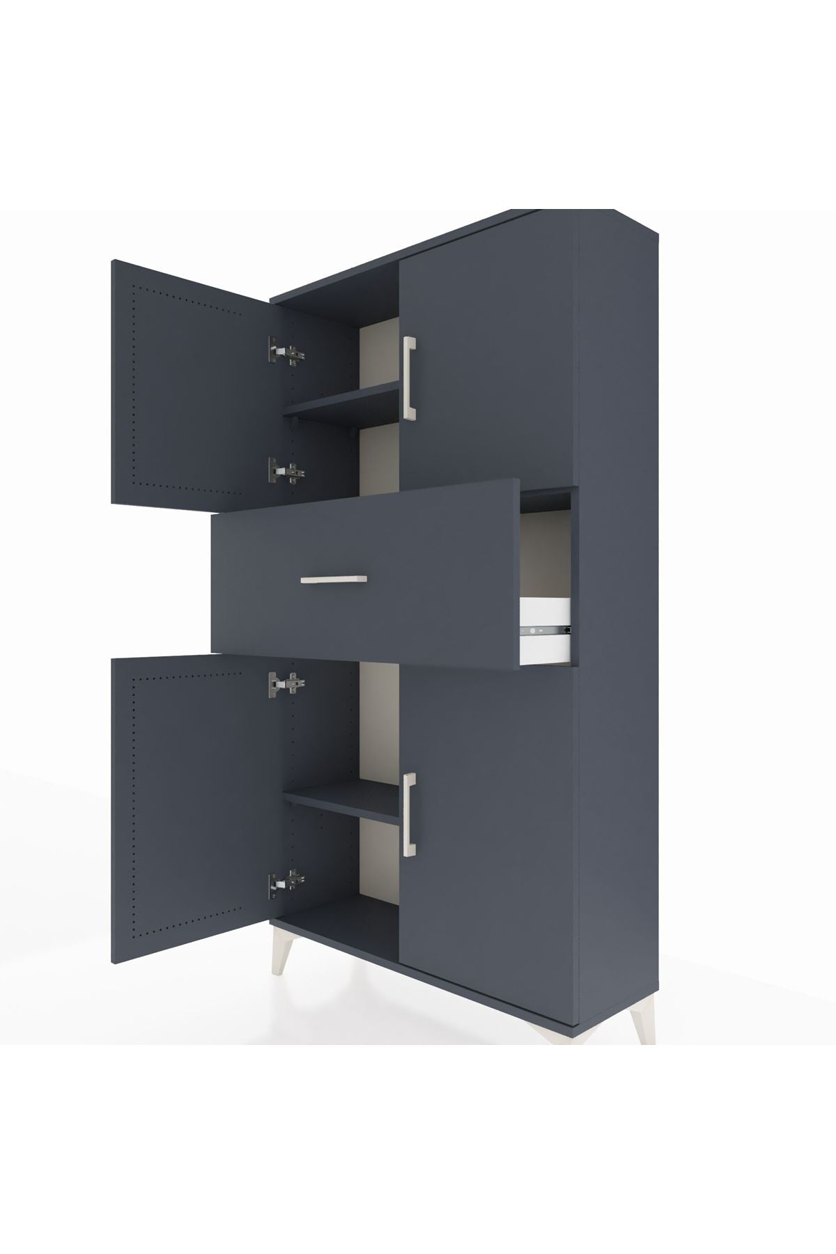 Arges Dolap 3 Raflı Tek Çekmeceli 4 Kapaklı 88x30x163 Antrasit-Antrasit