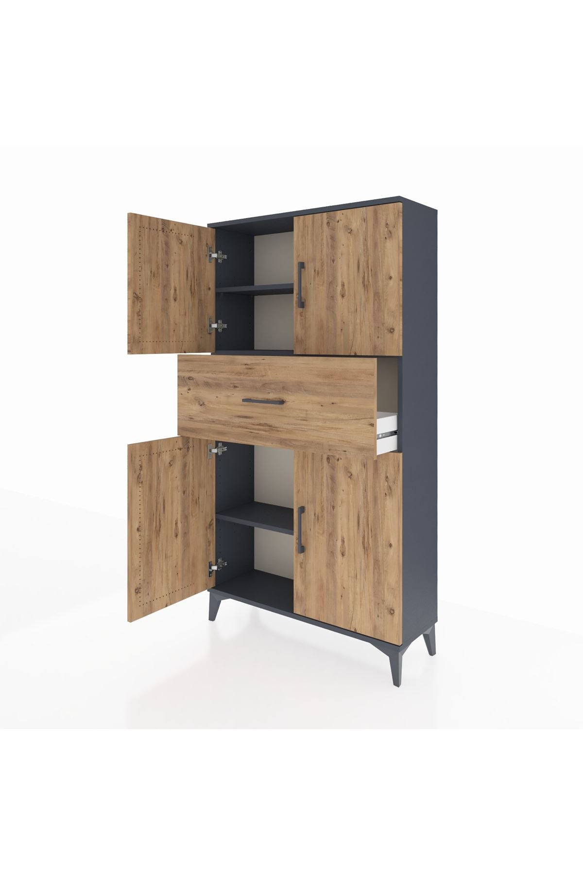 Arges Dolap 3 Raflı Tek Çekmeceli 4 Kapaklı 88x30x163 Antrasit-Çam